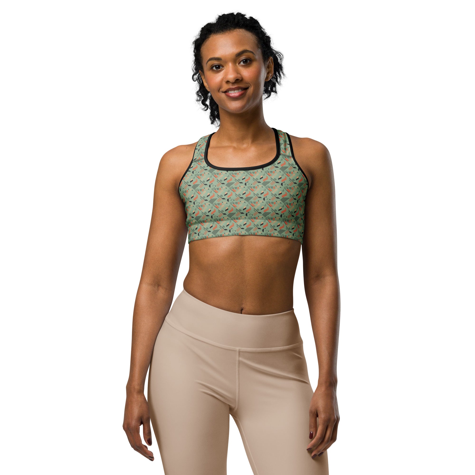 Women's green terracotta stripes sports bra front view