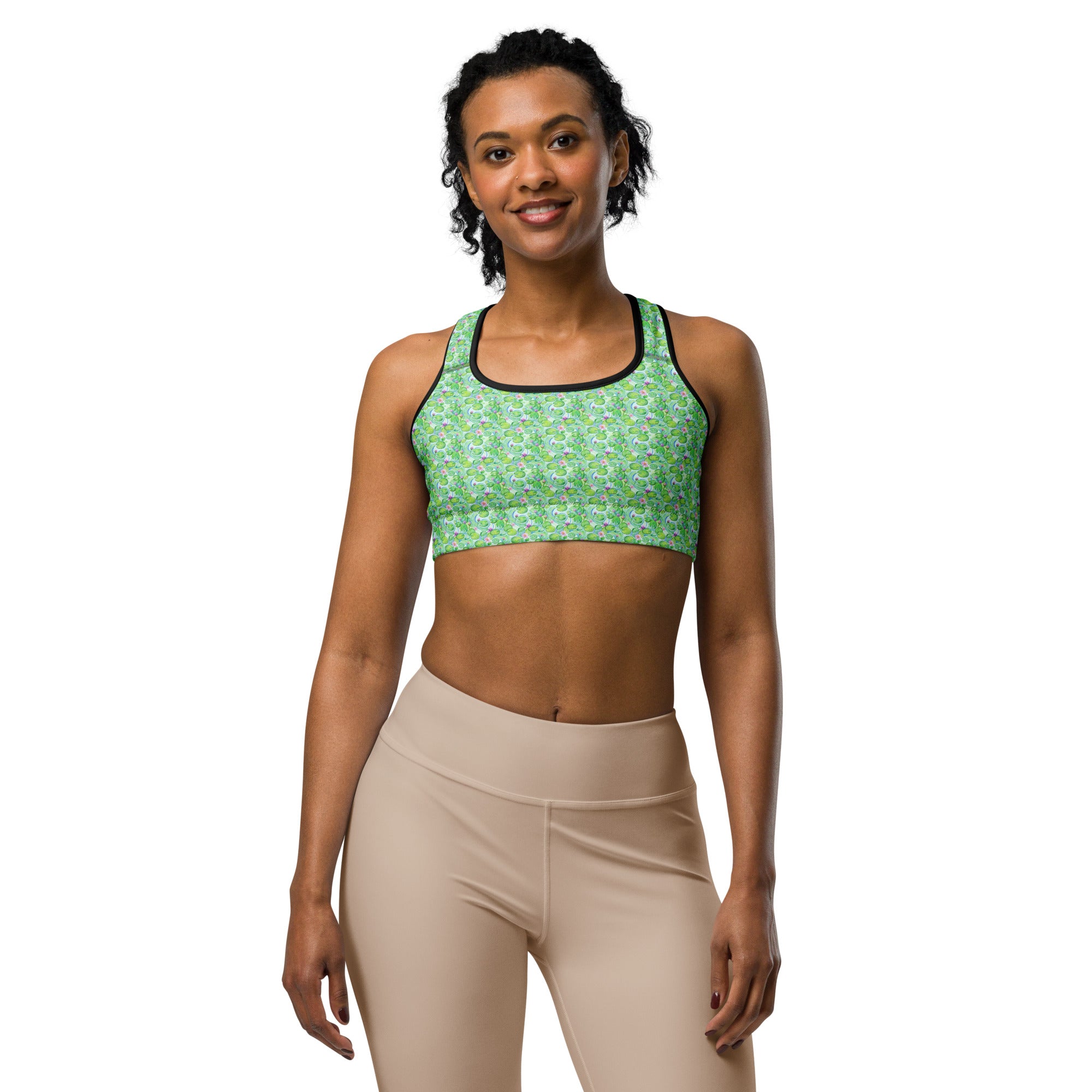 Women's water lilies printed sports bra front view
