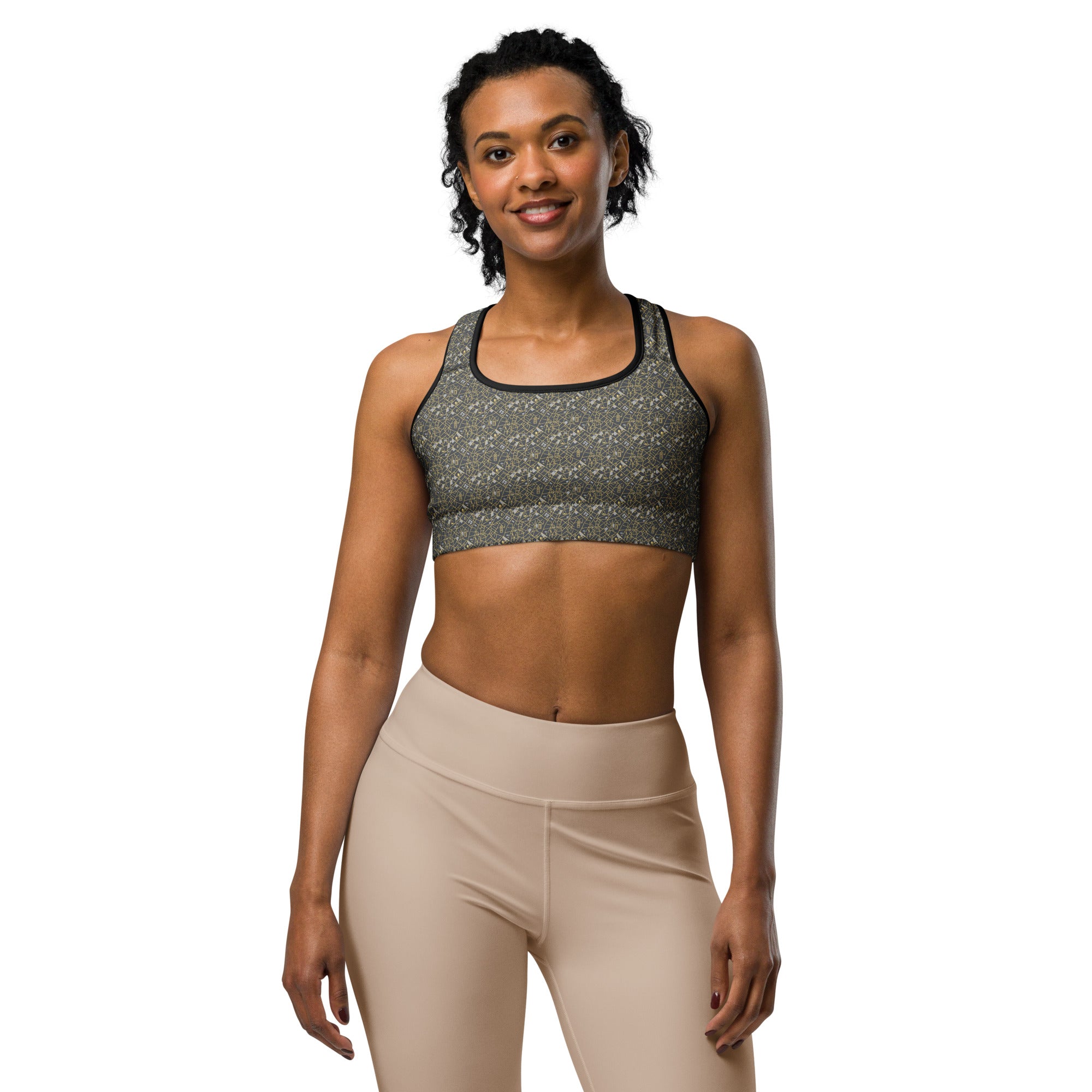 Women's paris map grey gold sports bra front view
