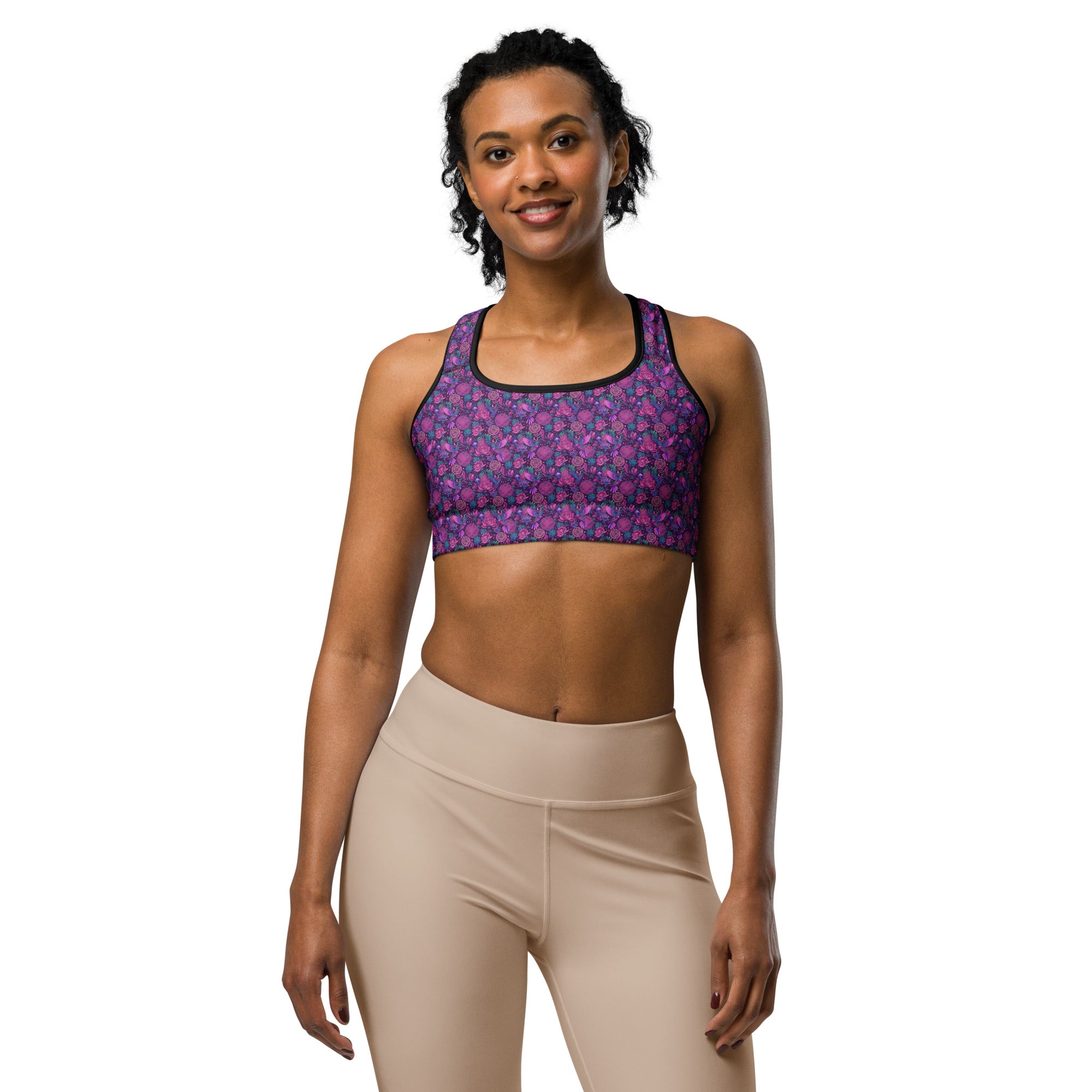 Women's hummingbird divination art printed sports bra front view