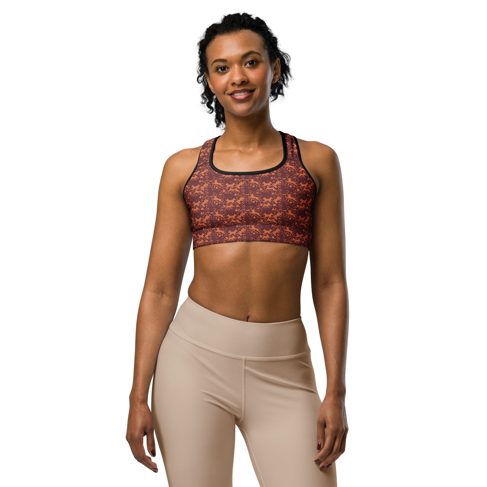 Women's minimal fetch art printed sports bra front view