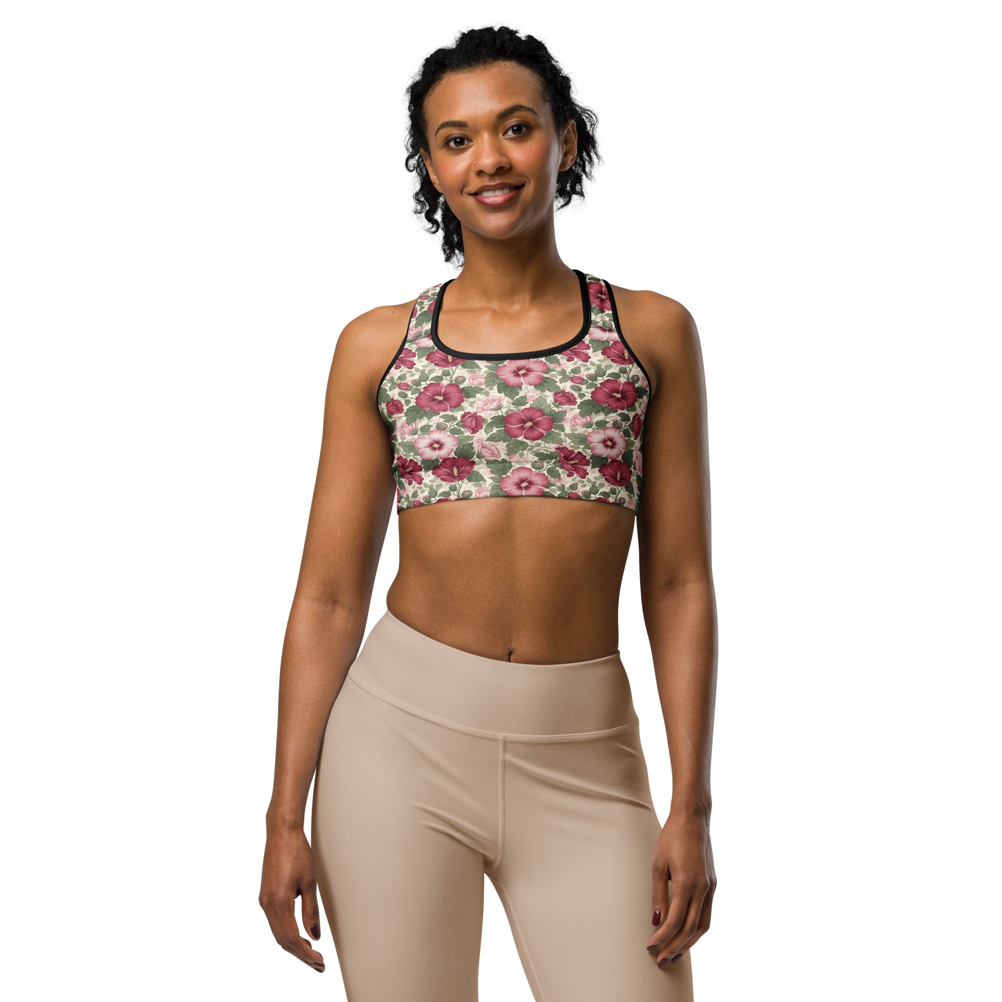 Women's rose of sharon printed sports bra front view
