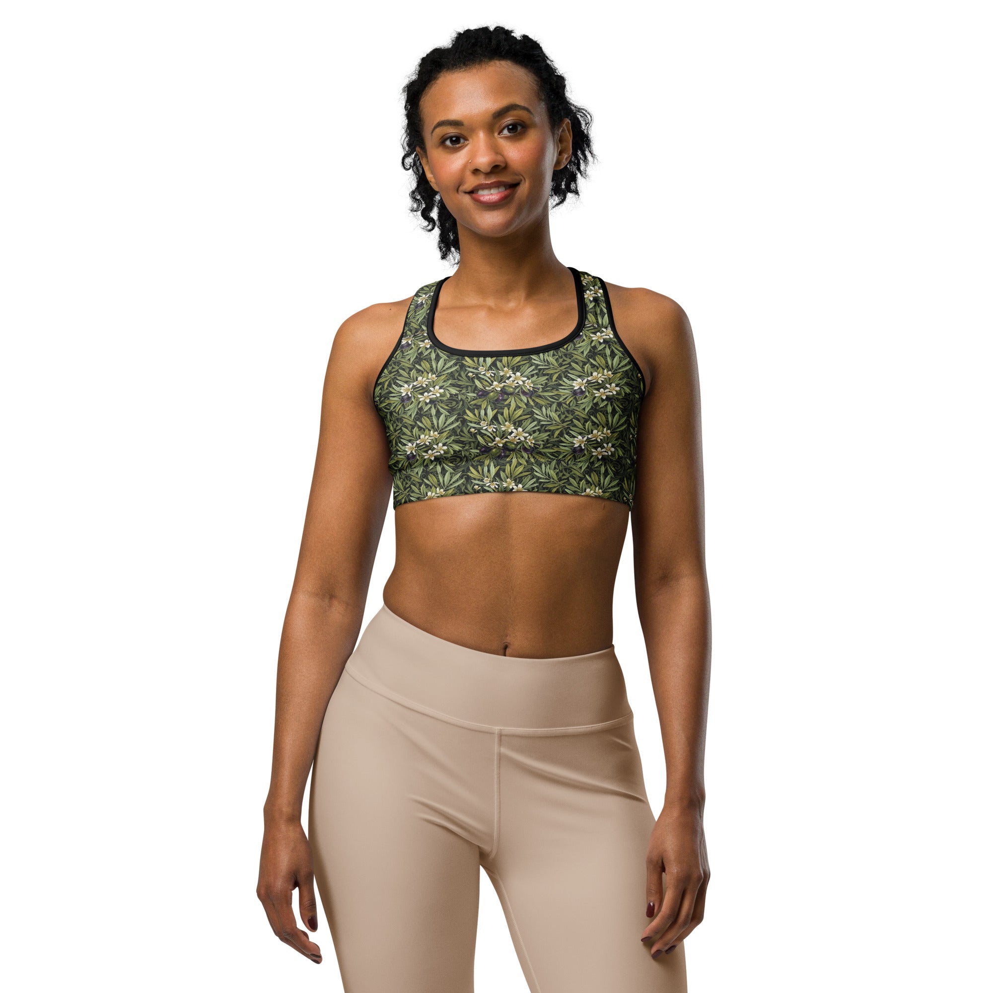 Women's olive branch botanical sports bra front view