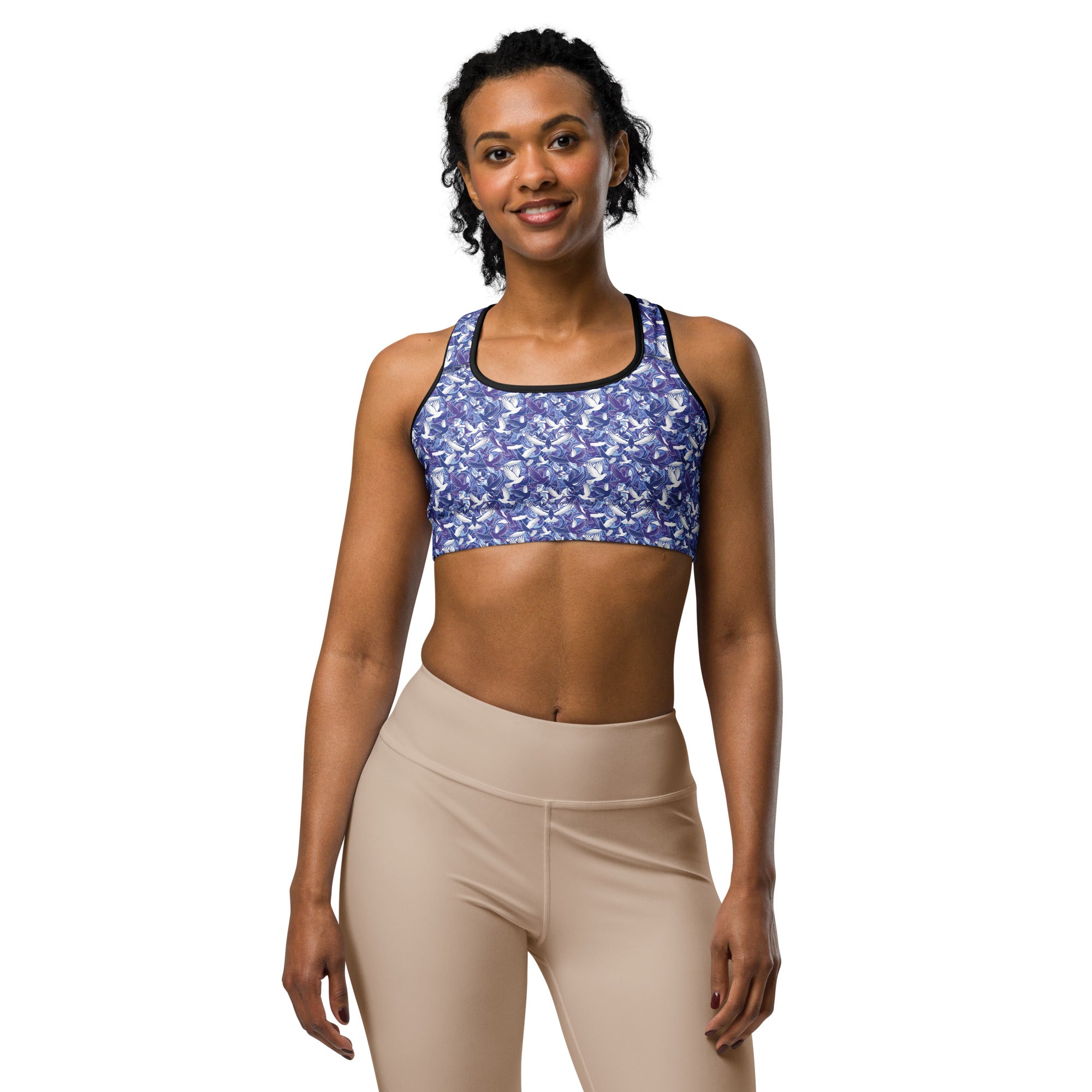 Women's dove in flight printed sports bra front view