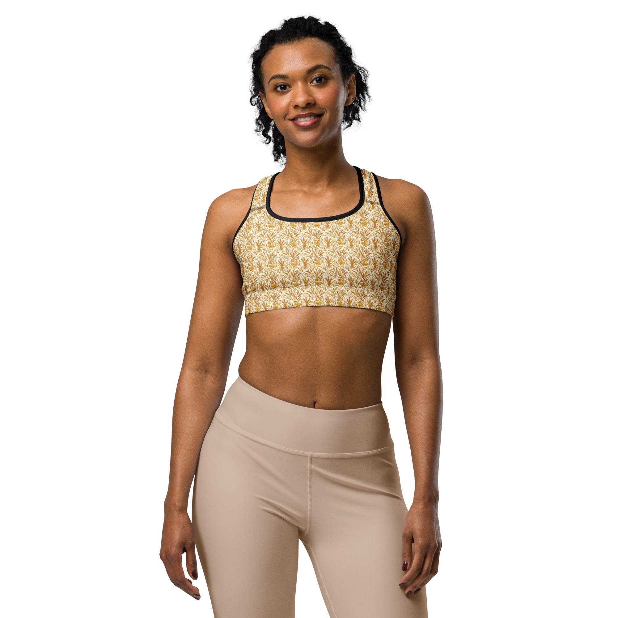 Women's wheat field harvest printed sports bra front view
