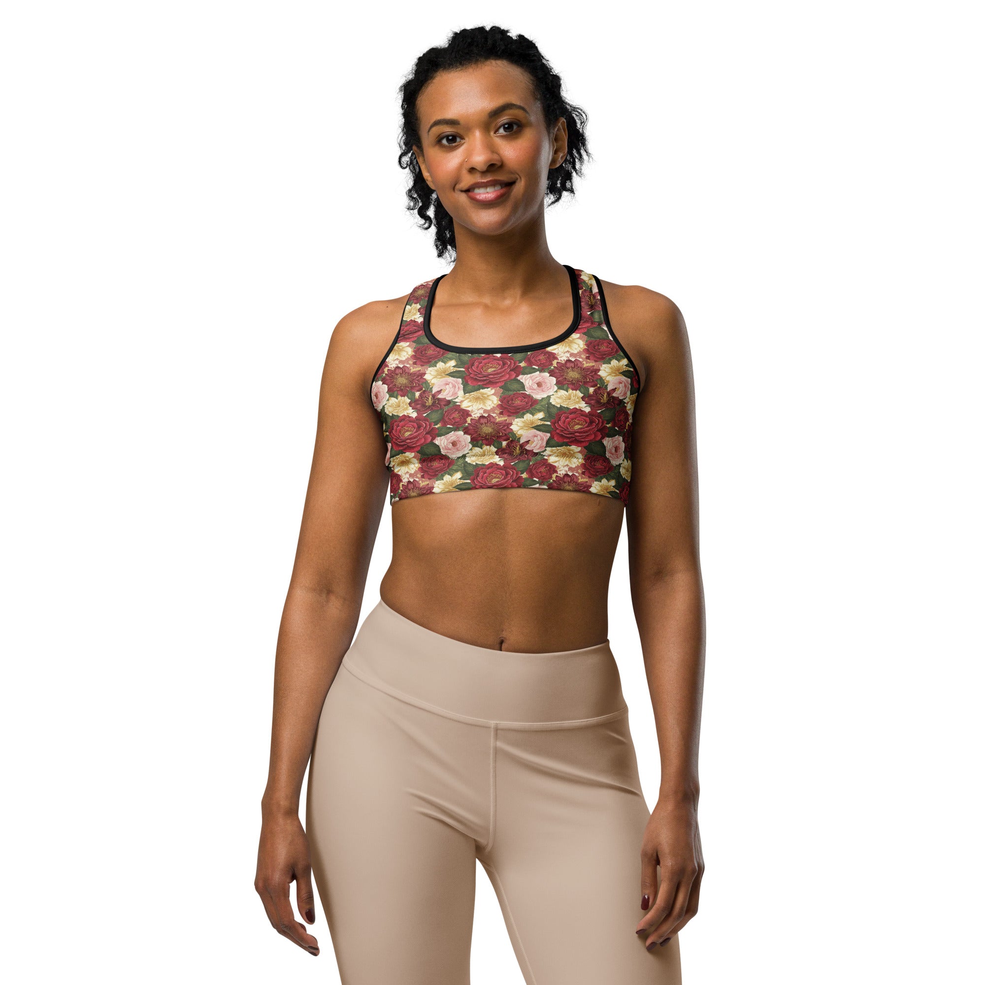 Women's floral Proverbs 31 printed sports bra front view