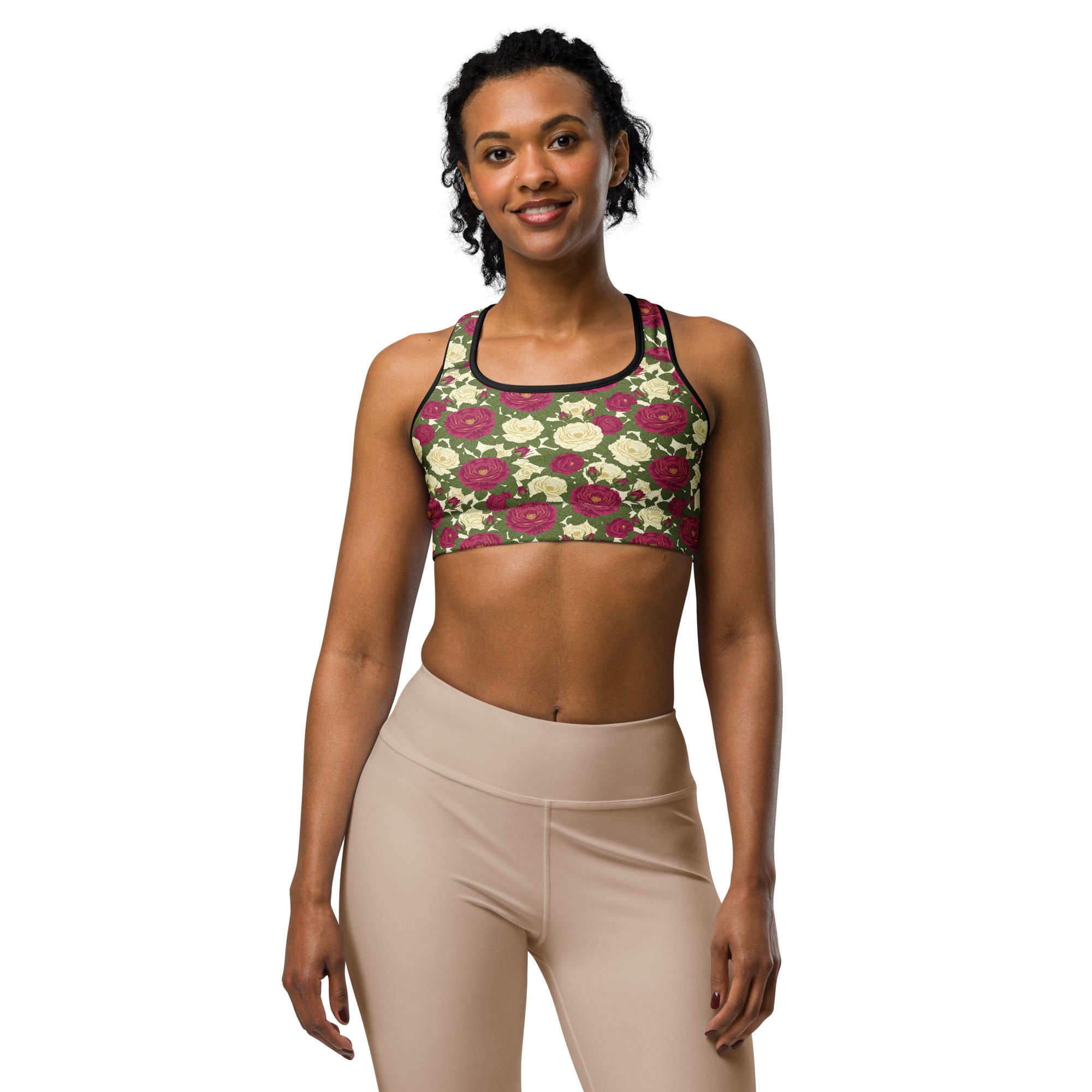 Women's rose botanical sports bra front view