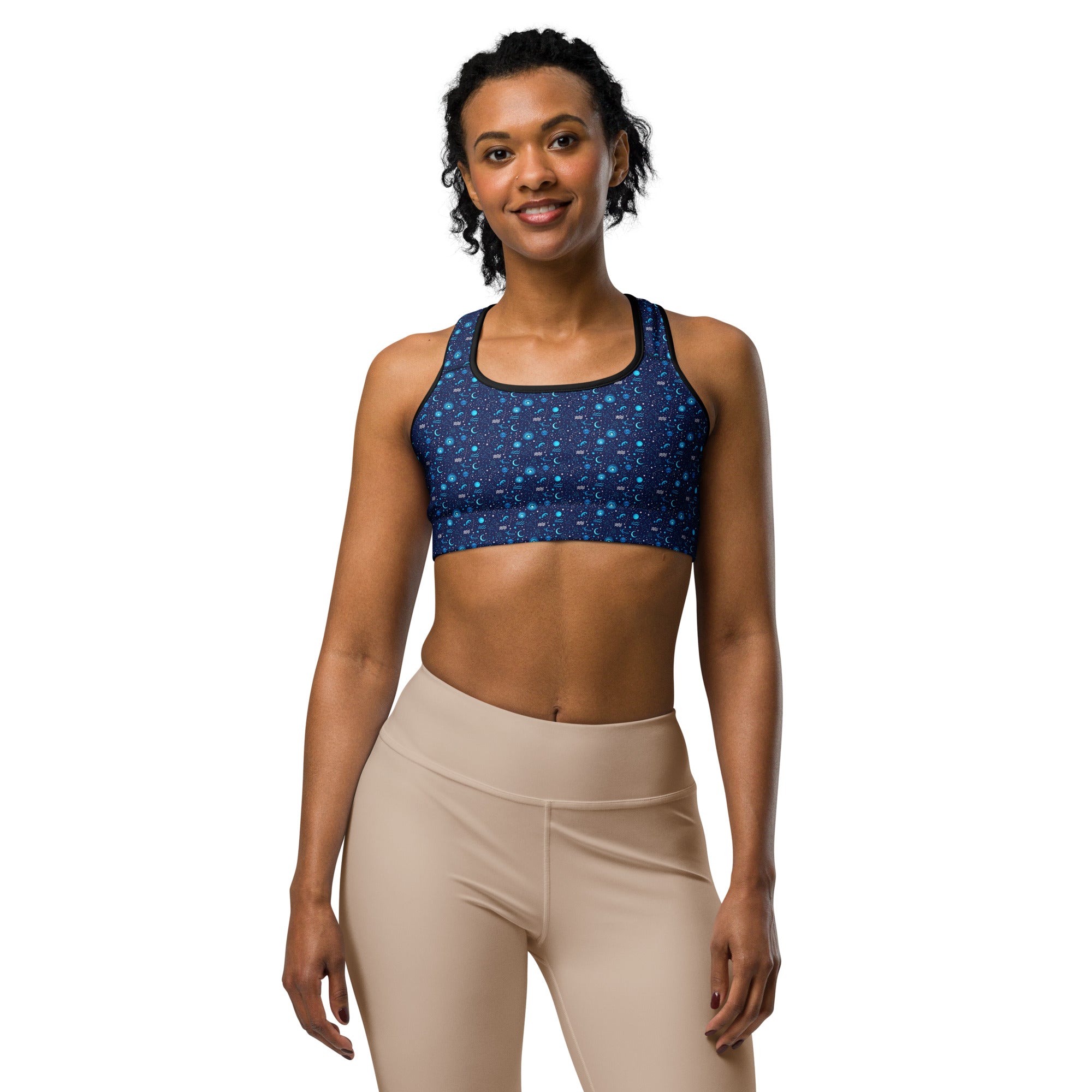 Women's celestial pattern sports bra front view
