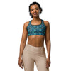 Women's teal paillette lotus garden printed sports bra front view
