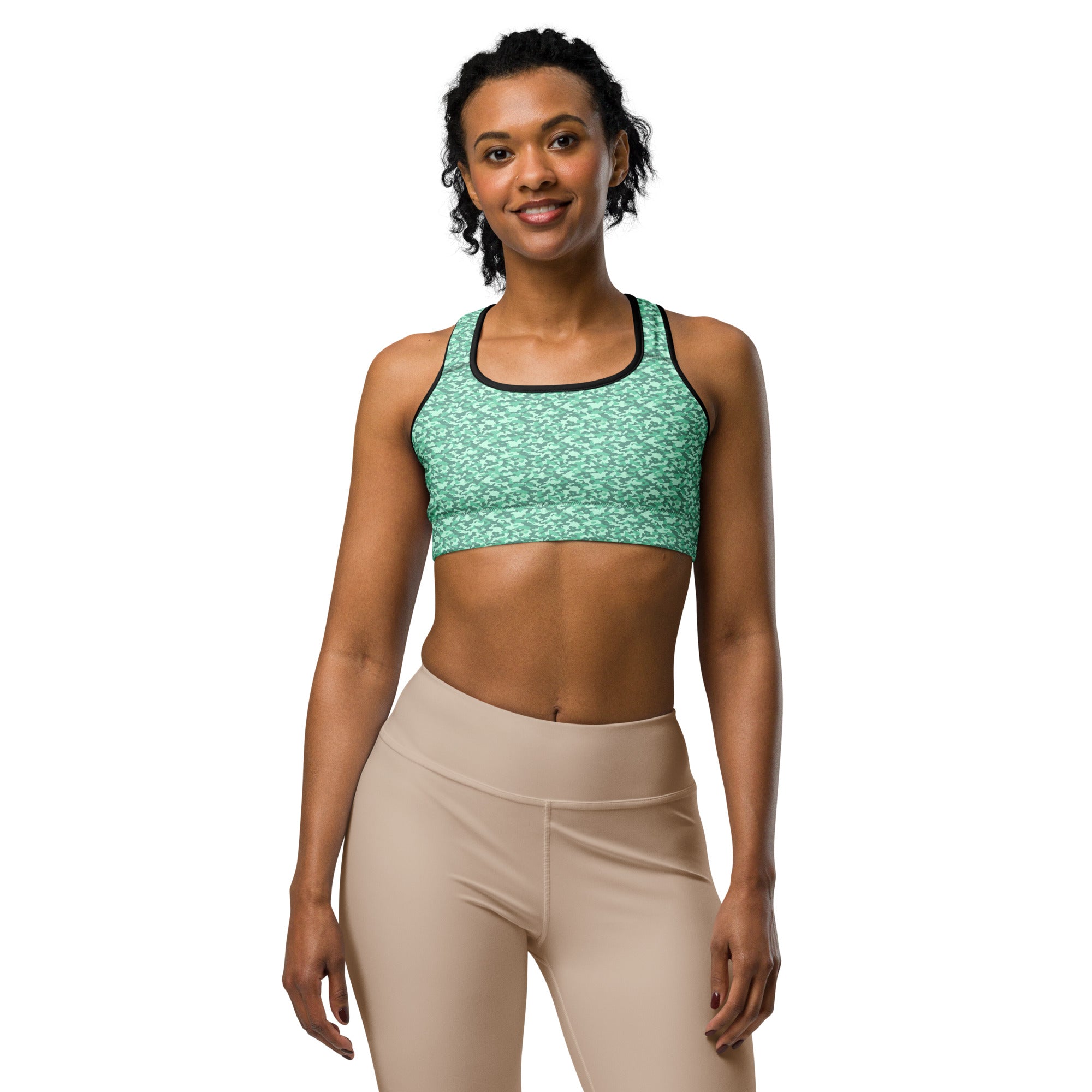 Women's mint camo sports bra front view