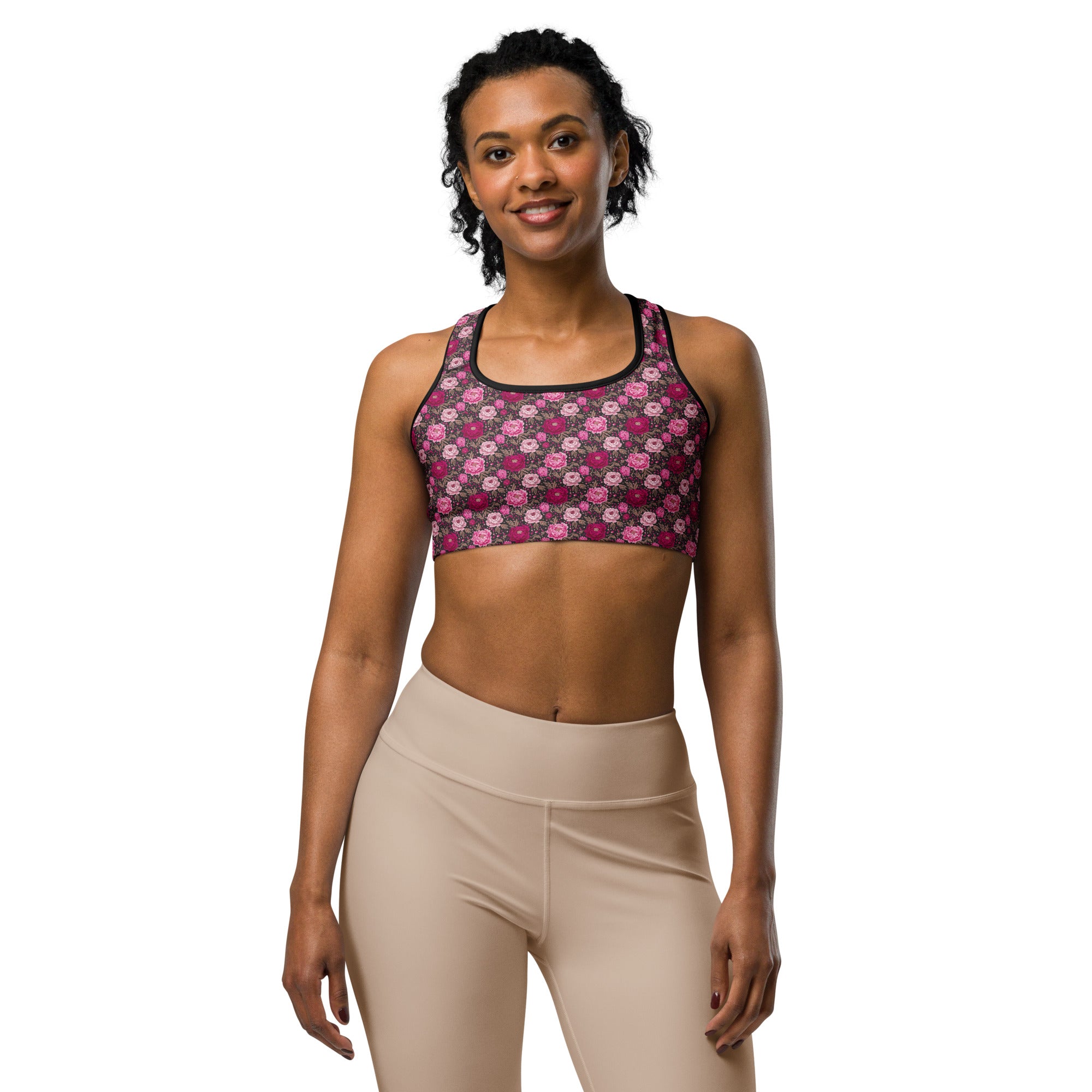 Women's pink paillette peony sports bra front view