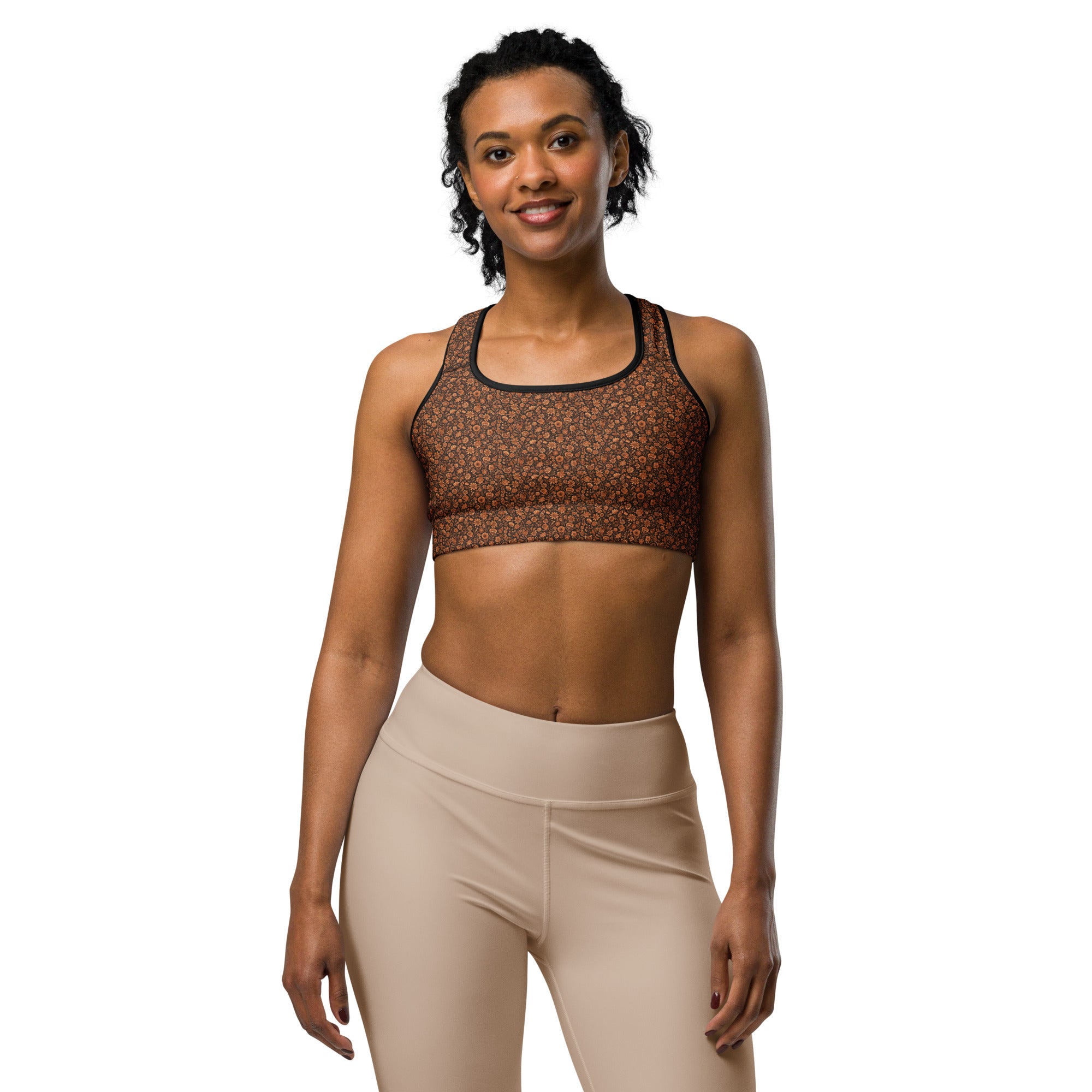 Women's copper wildflower printed sports bra front view