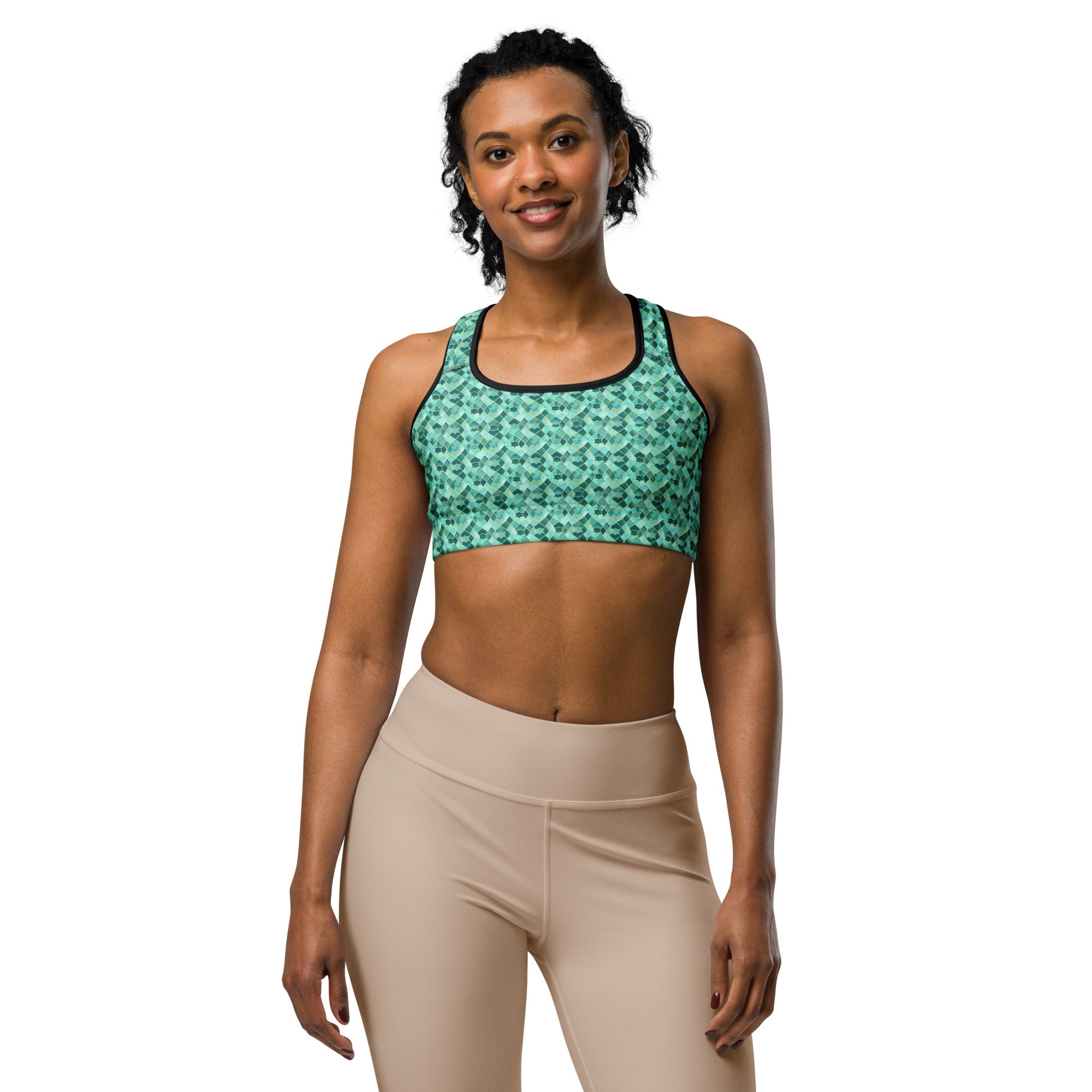 Women's arabic watercolour lagoon printed sports bra front view