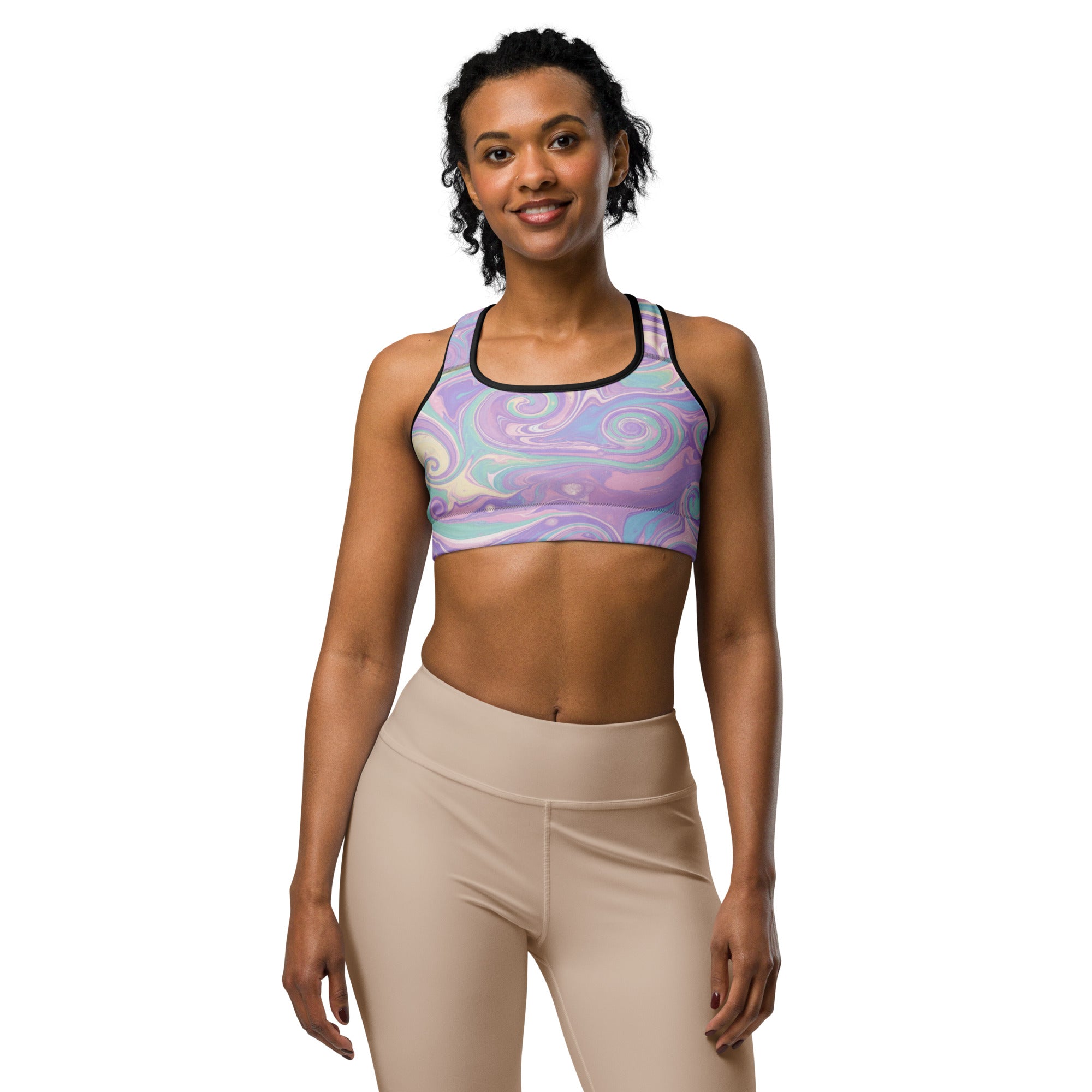 Women's liquid marble unicorn dream printed sports bra front view