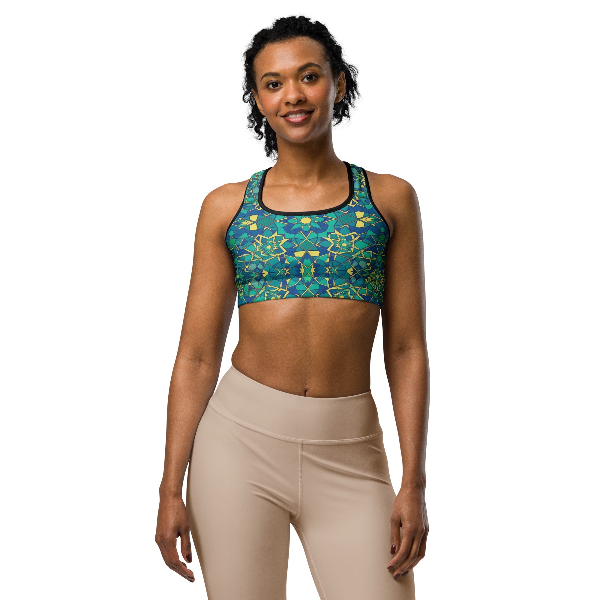 Women's zellige peacock sports bra front view