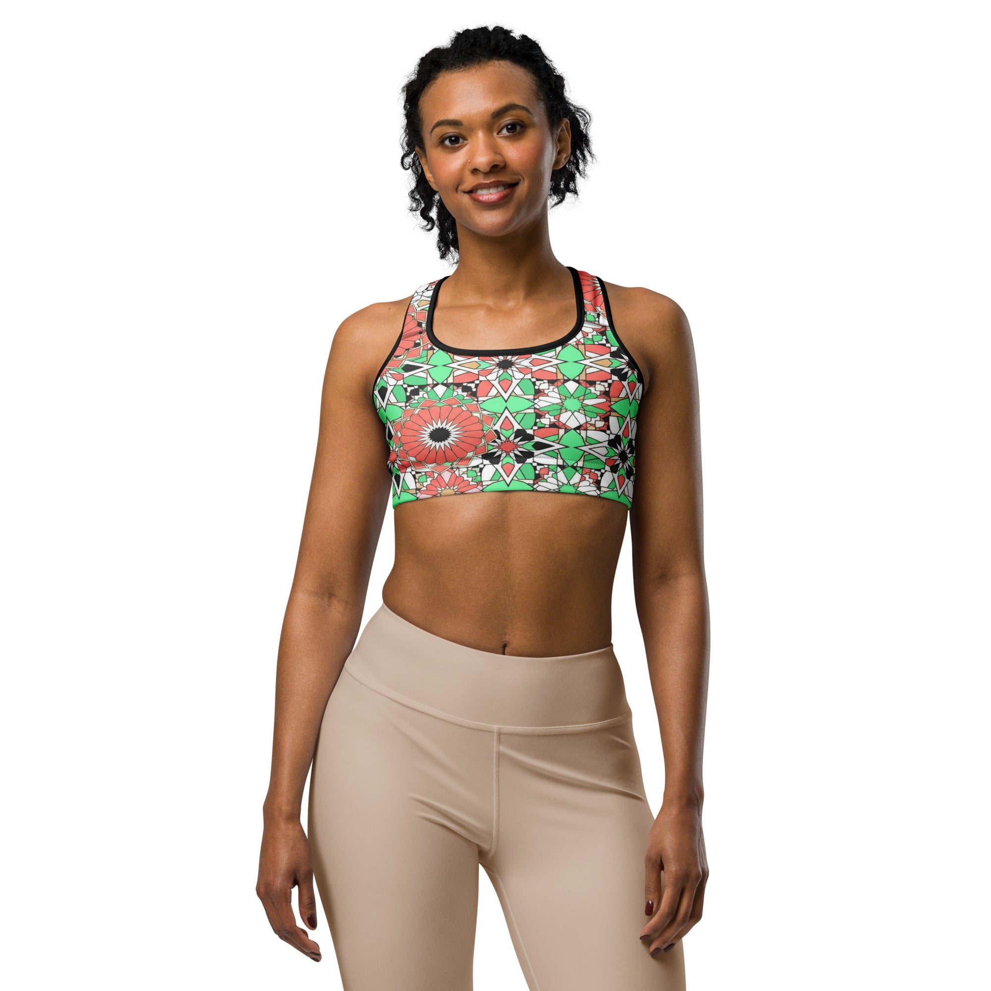 Women's coral mint pattern sports bra front view
