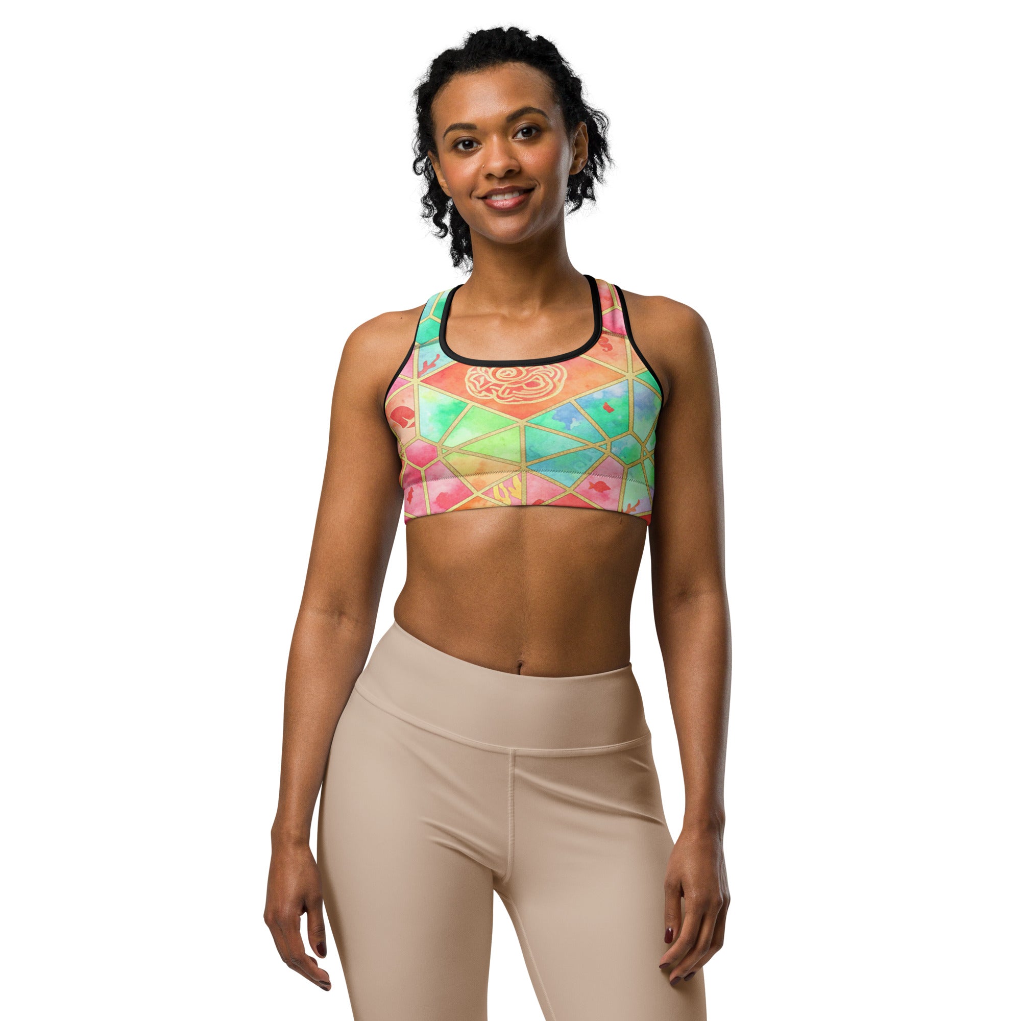Women's coral reef watercolour printed sports bra front view
