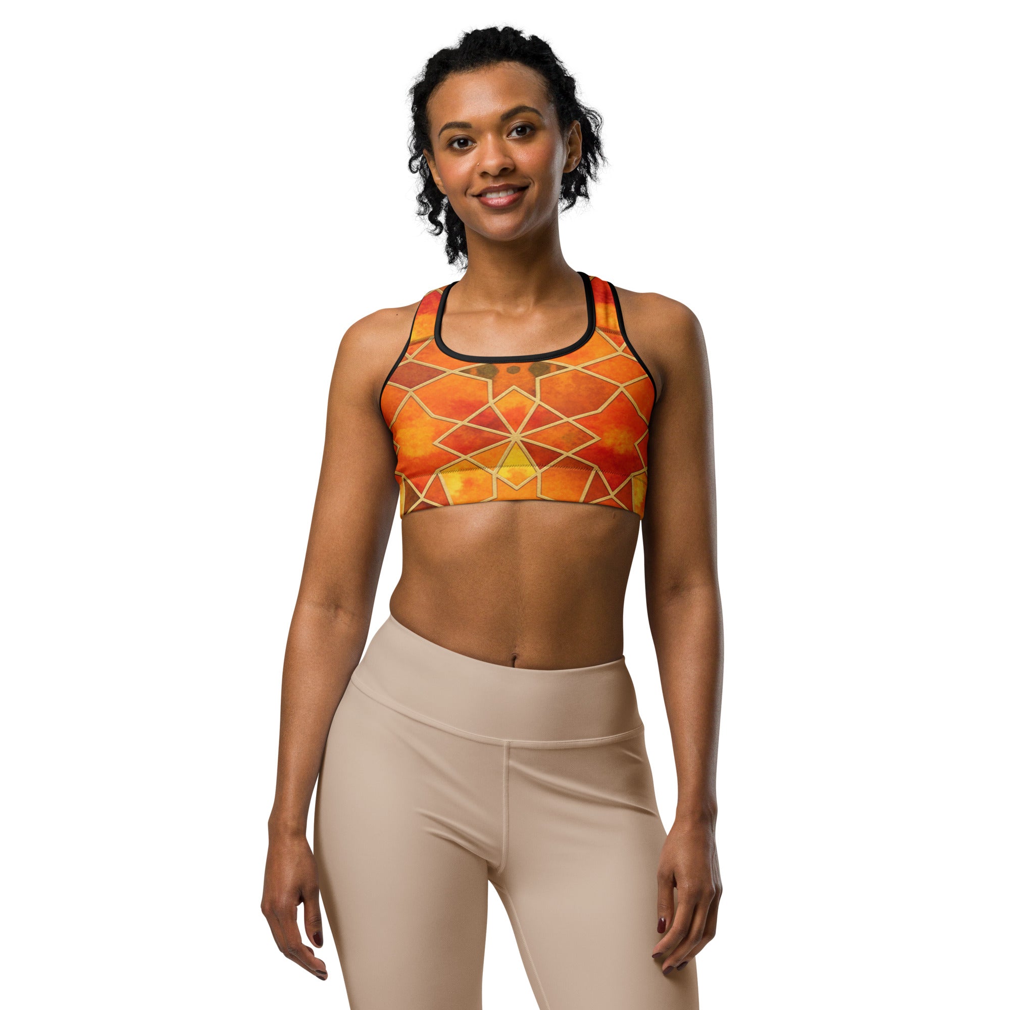 Women's arabic watercolour autumn spice printed sports bra front view