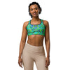 Women's peacock plume printed sports bra front view