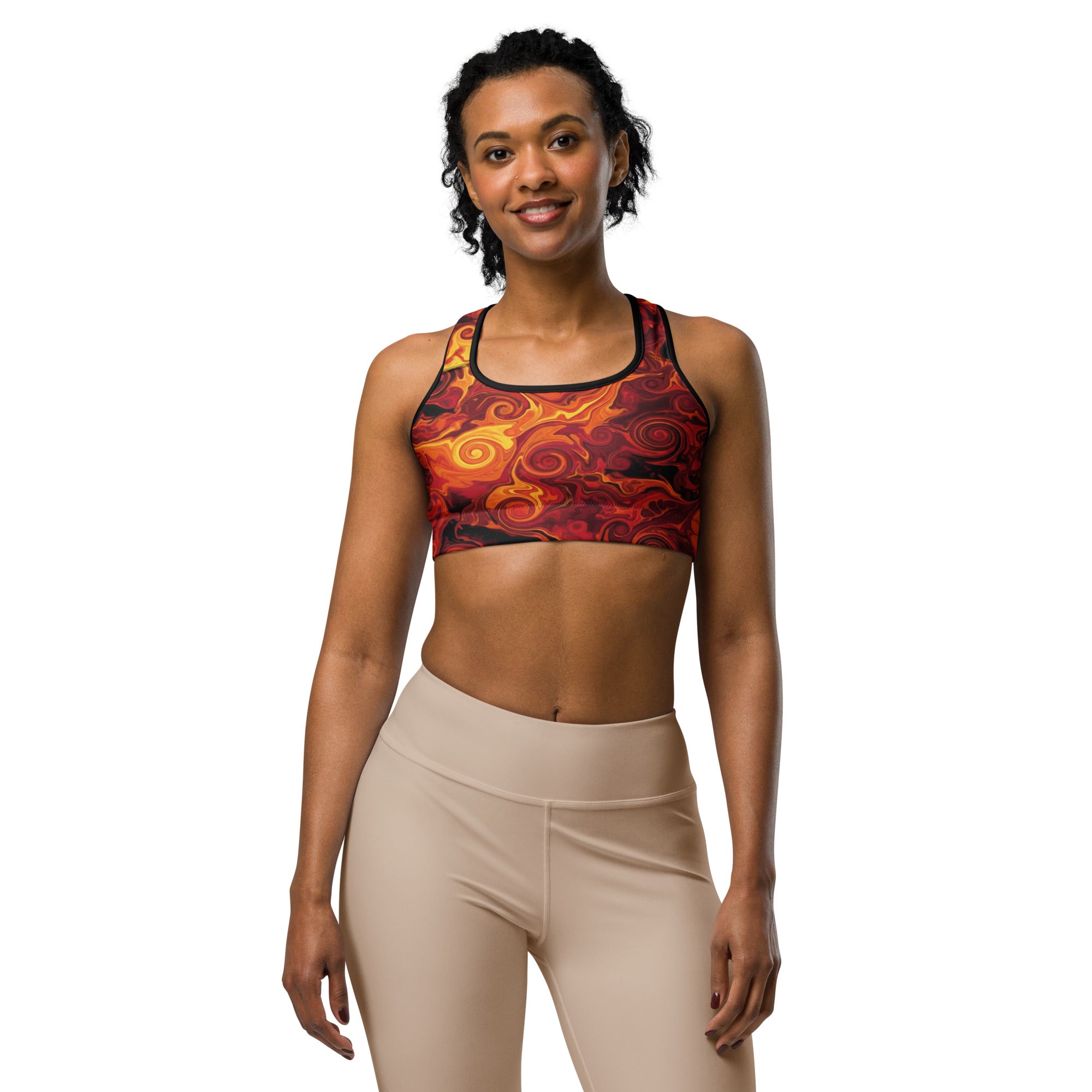 Women's liquid marble lava flow printed sports bra front view