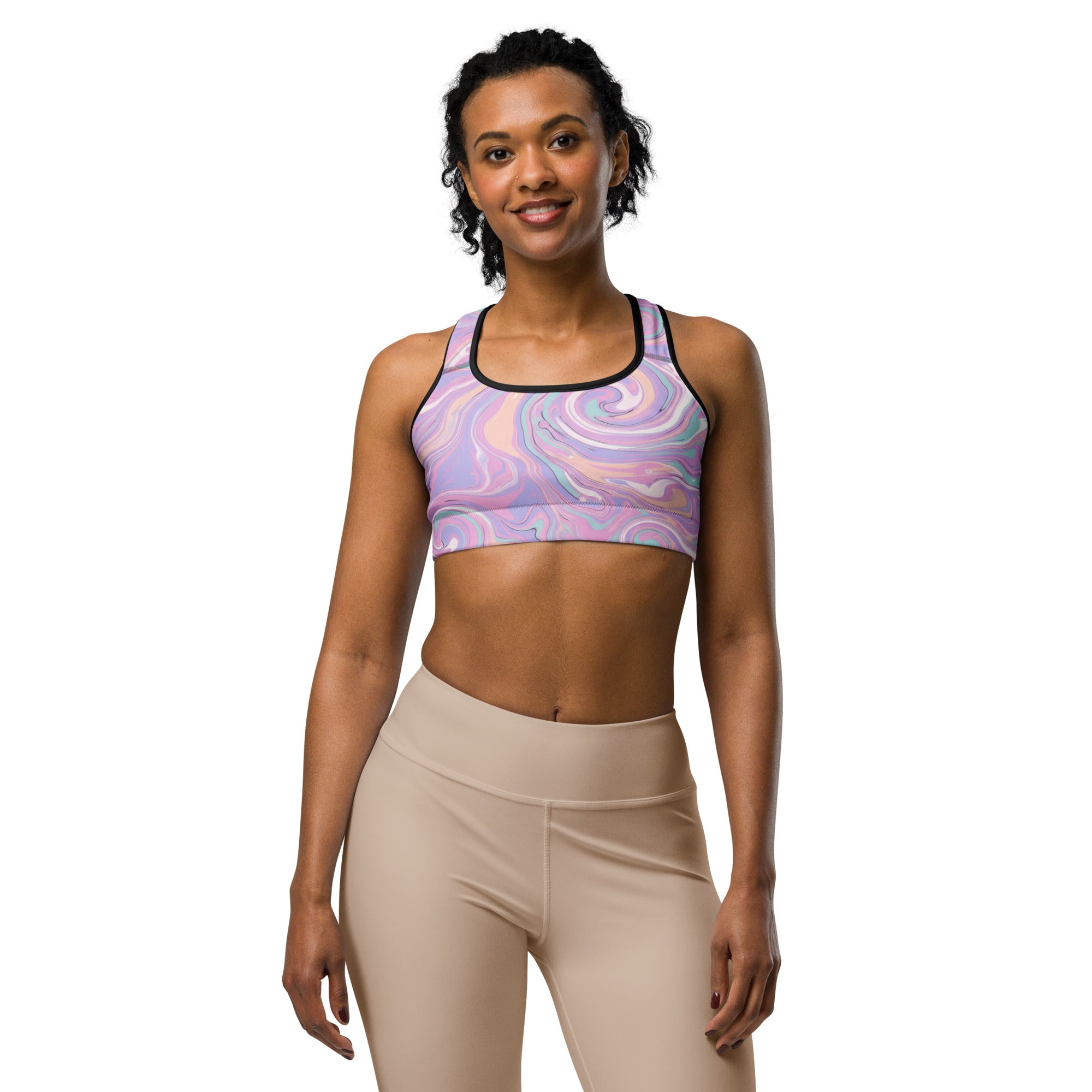 Women's liquid marble cotton candy printed sports bra front view