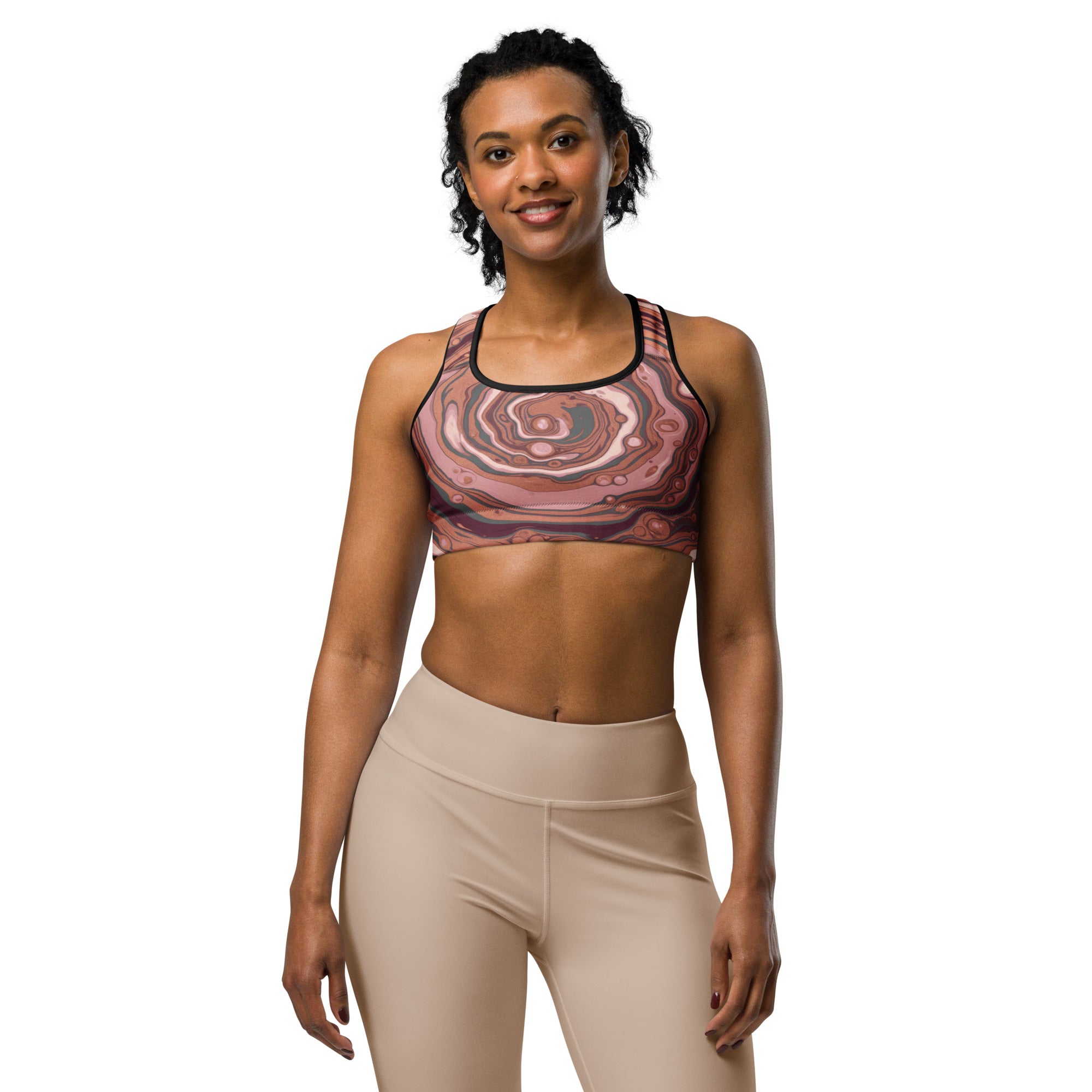Women's liquid marble rose gold sports bra front view