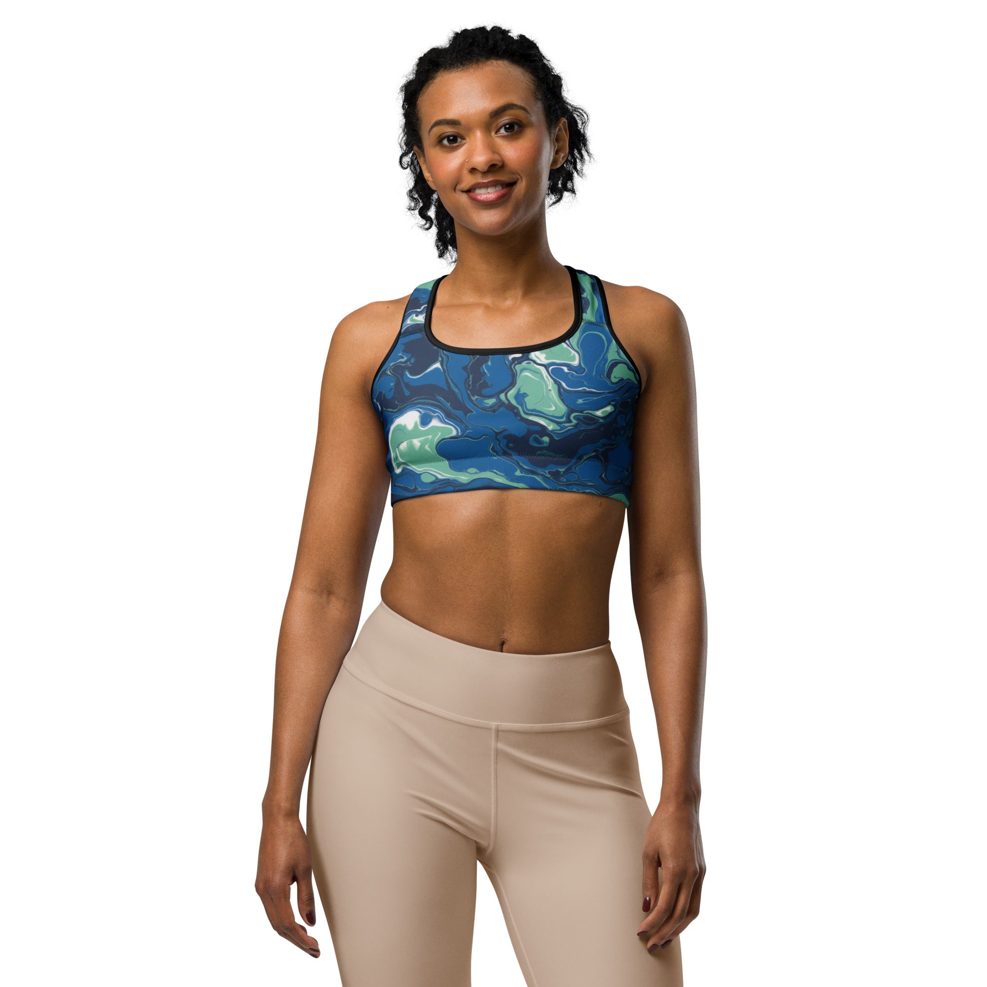 Women's liquid marble ocean current printed sports bra front view