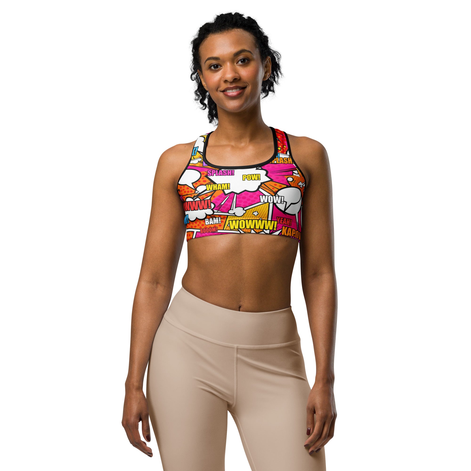 Women's comic pop sunset orange sports bra front view