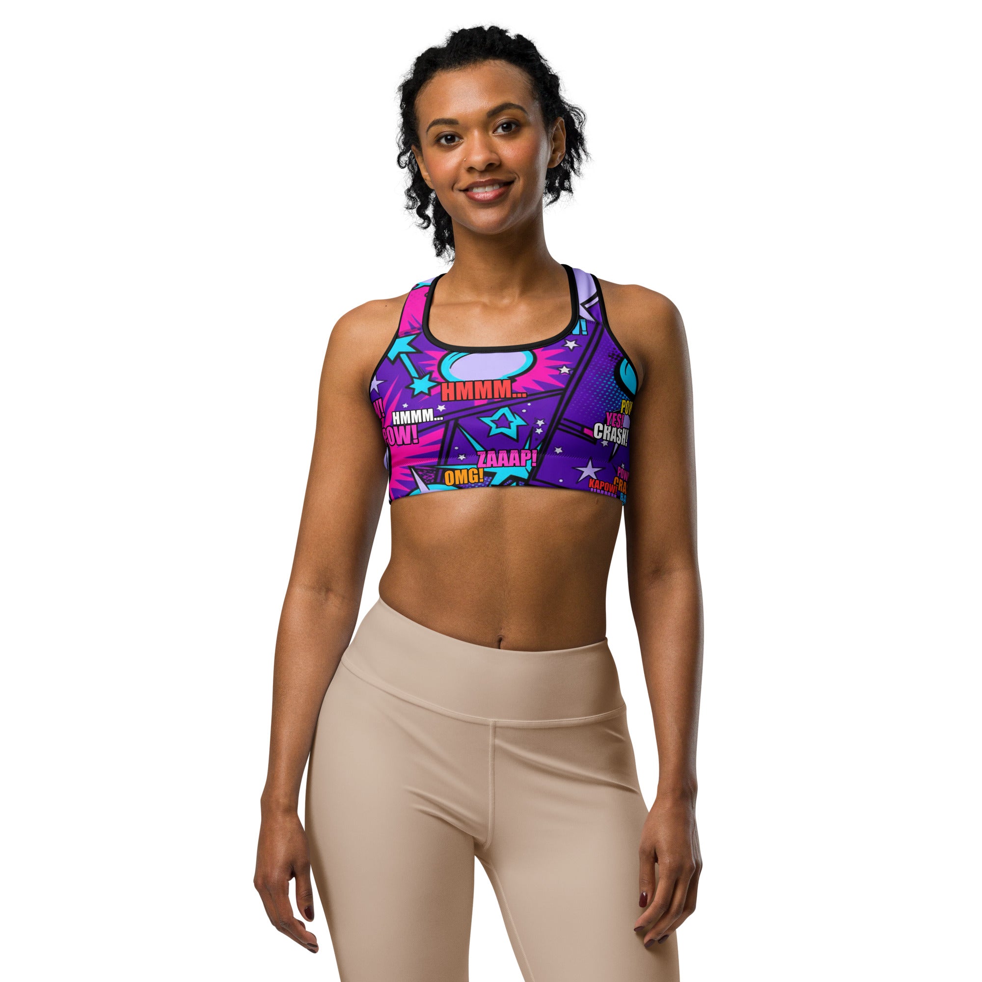 Women's Comic Pop Galaxy Purple sports bra front view