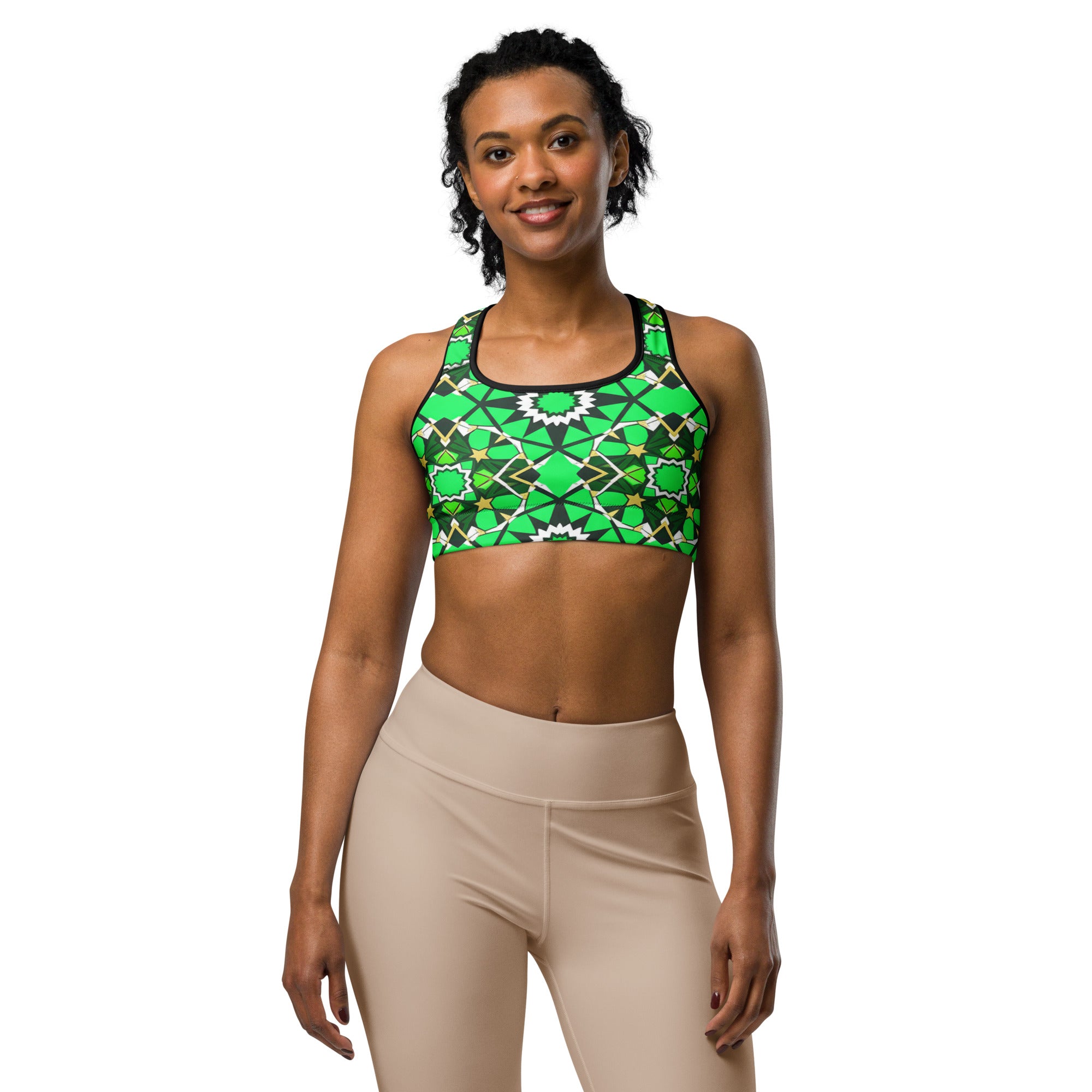 Women's zellige emerald gold sports bra front view