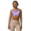 Women's lavender fields patterned sports bra front view