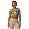 Women's comic pop toxic green sports bra front view