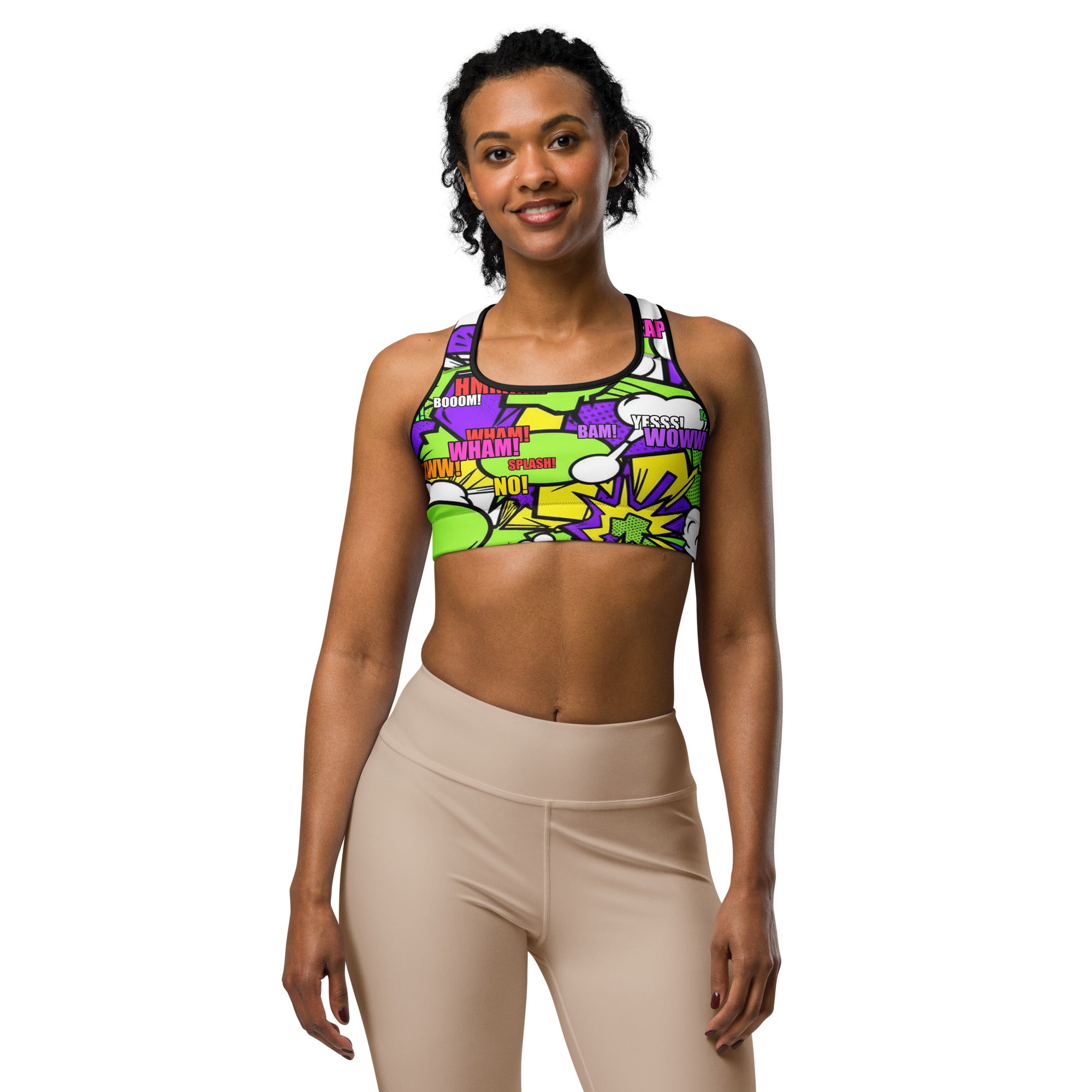 Women's comic pop toxic green sports bra front view