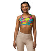 Women's comic pop tropical sports bra front view