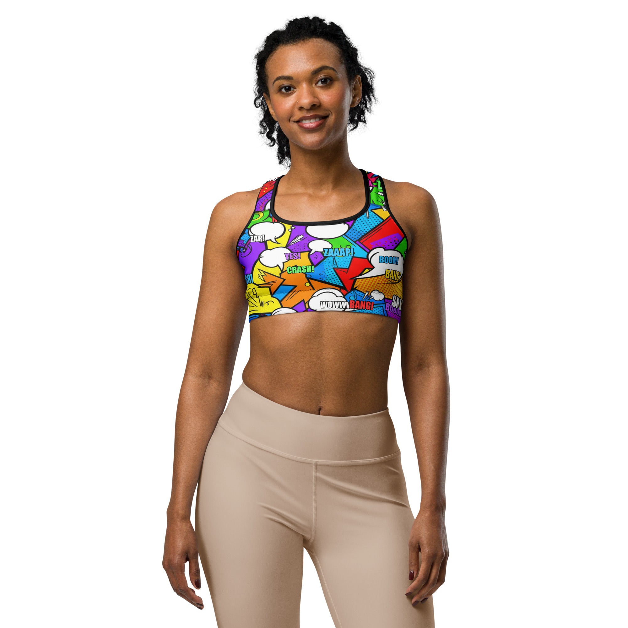 Women's comic strip classic hero printed sports bra front view