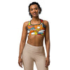 Women's comic strip boom town sports bra front view