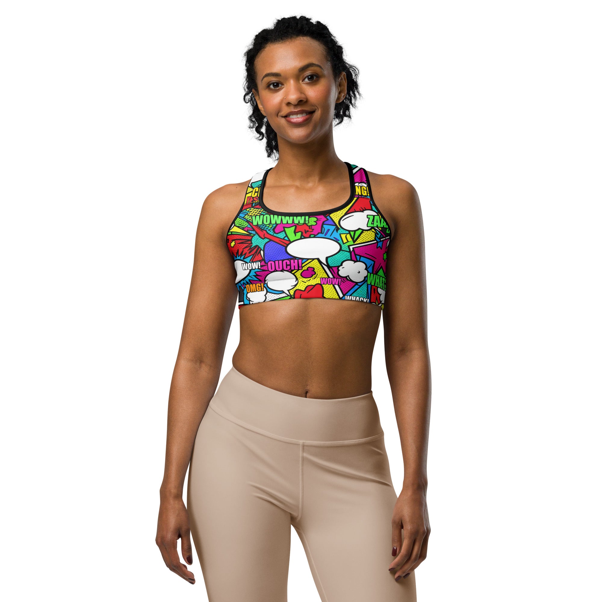 Women's comic strip zombie apocalypse printed sports bra front view