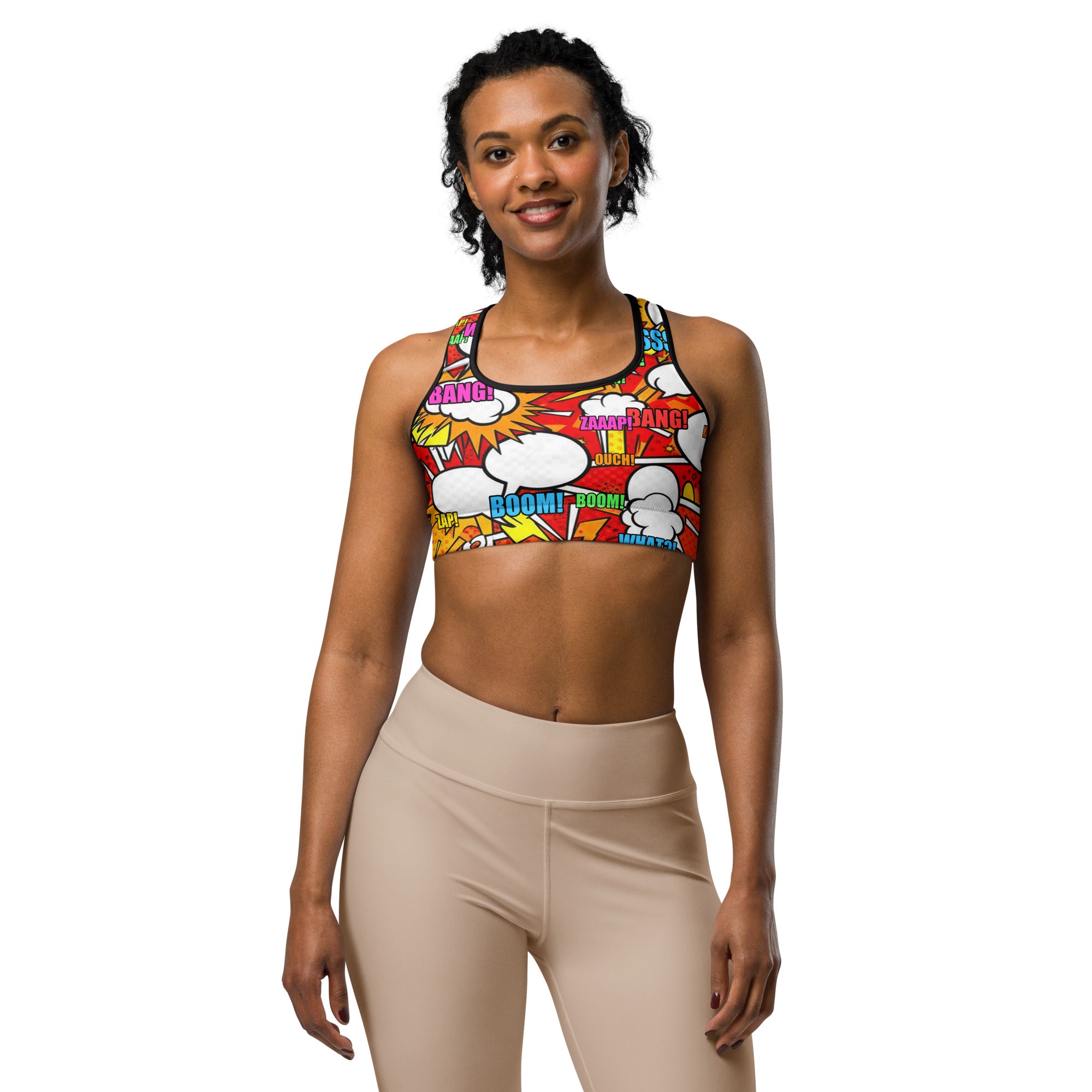 Women's comic pop fire engine printed sports bra front view