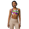 Women's comic strip neon villain printed sports bra front view