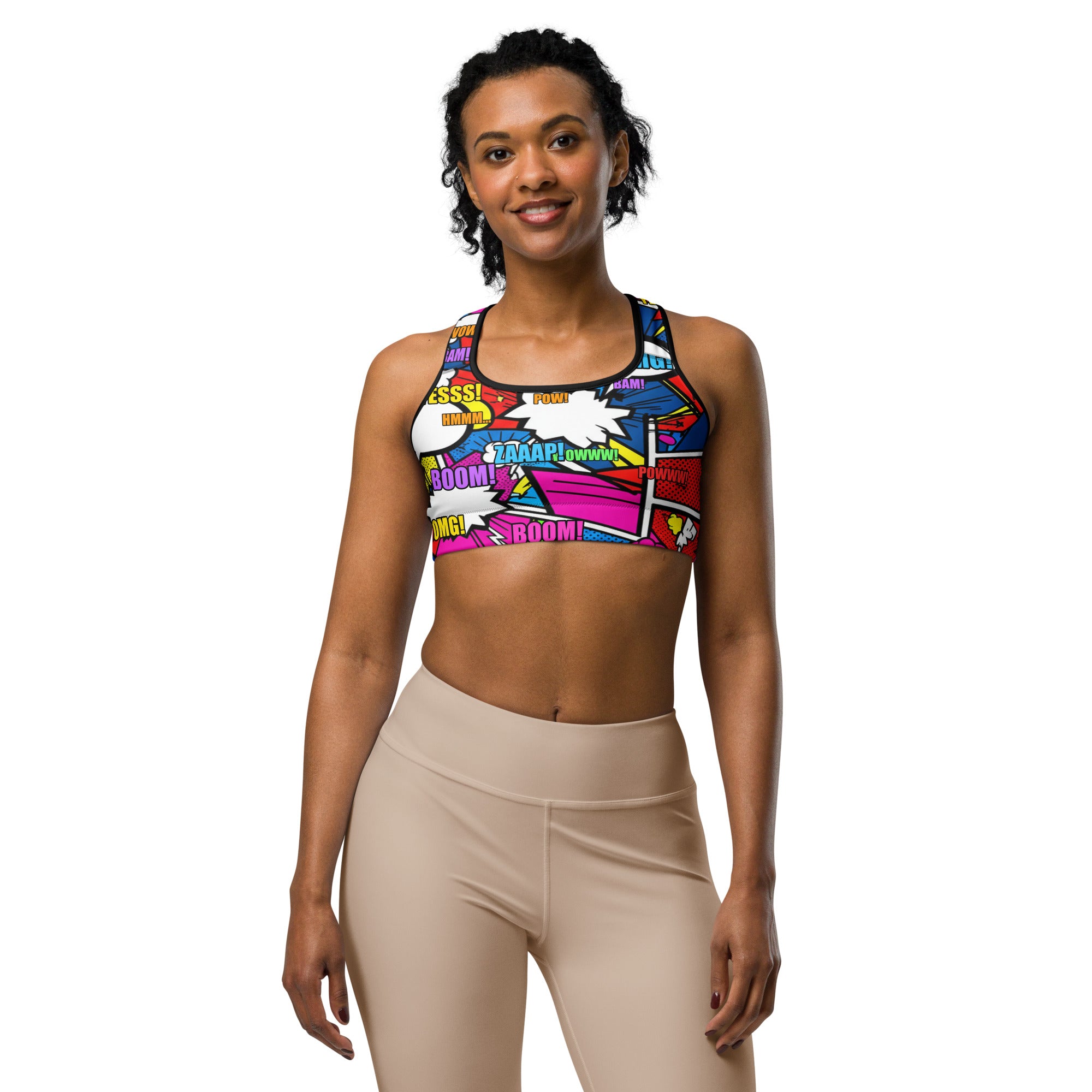 Women's comic strip ninja night printed sports bra front view