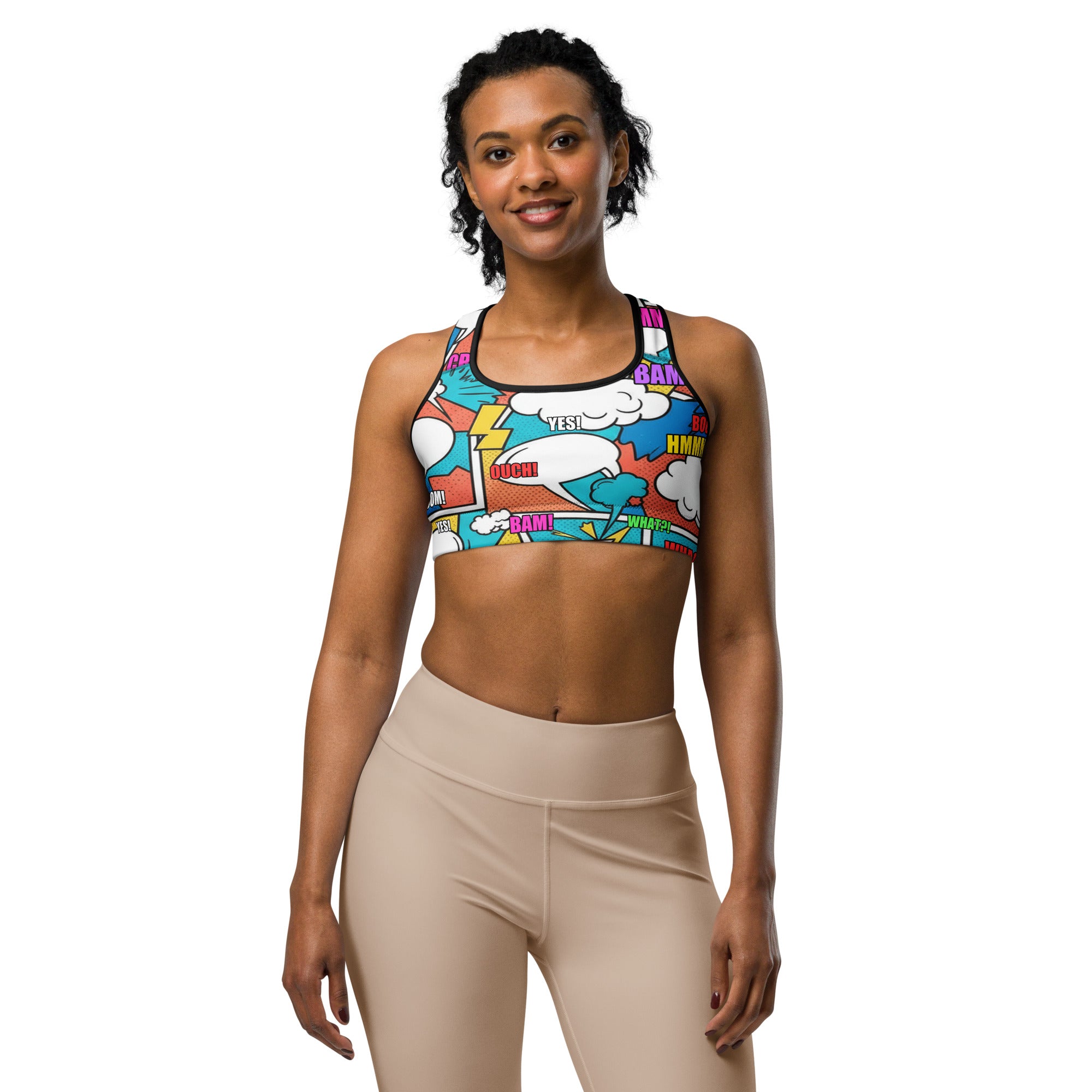 Women's comic strip surf kapow printed sports bra front view