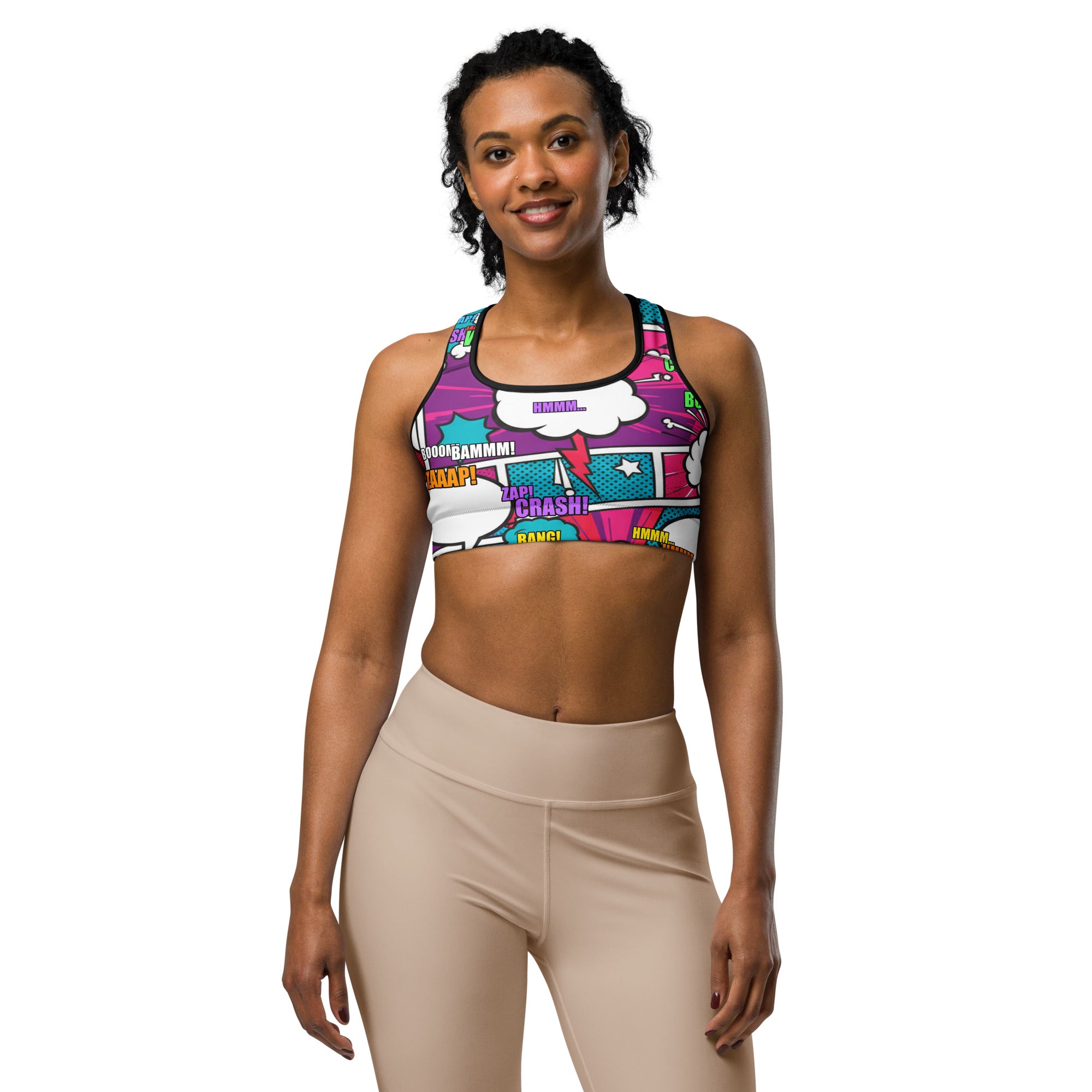 Women's comic strip roller derby sports bra front view