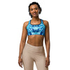 Women's psychedelic electric ocean printed sports bra front view