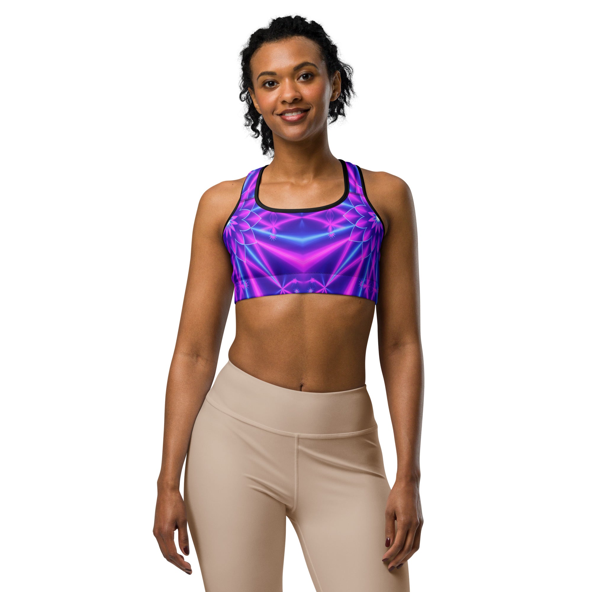 Women's psychedelic cosmic violet sports bra front view