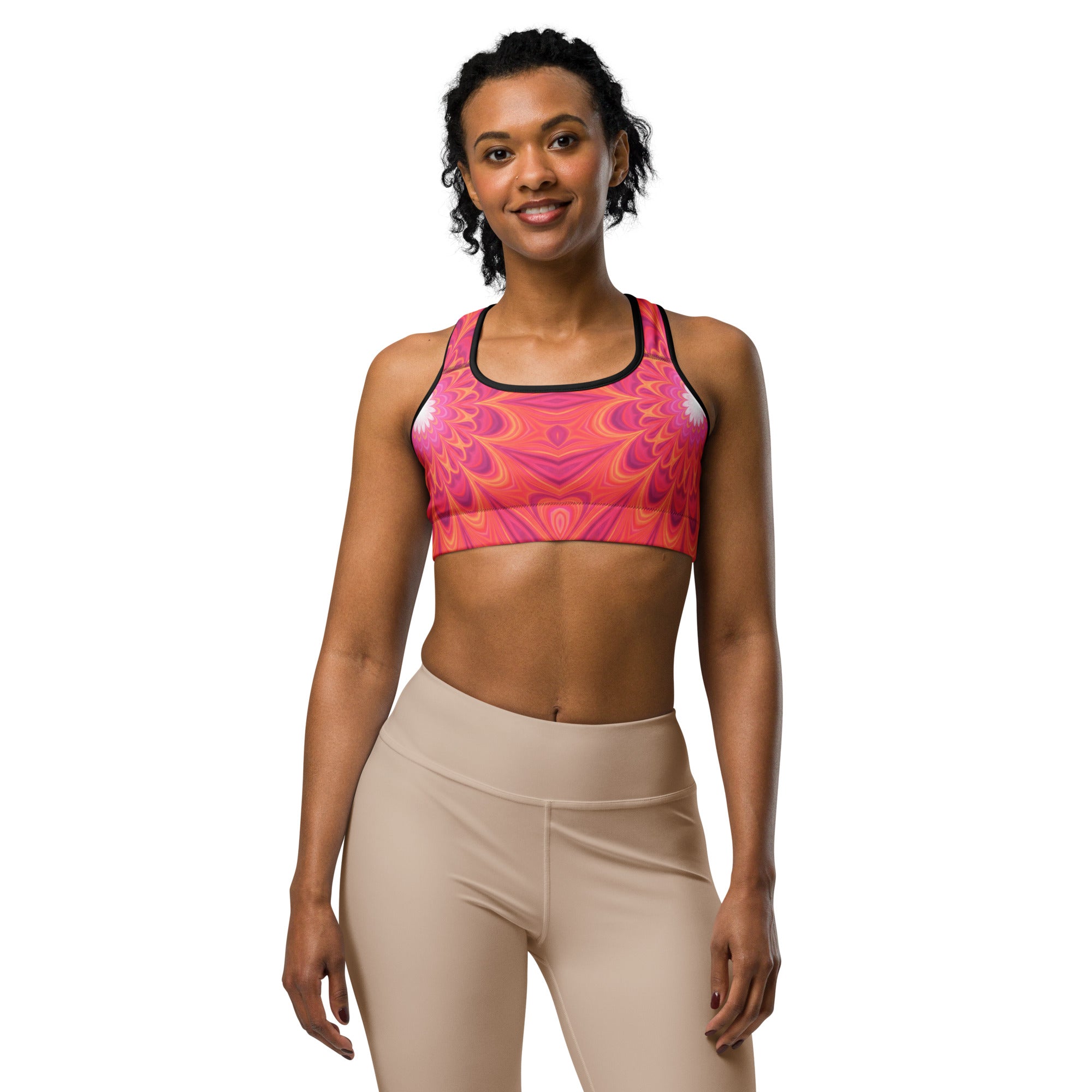 Women's psychedelic plasma core printed sports bra front view