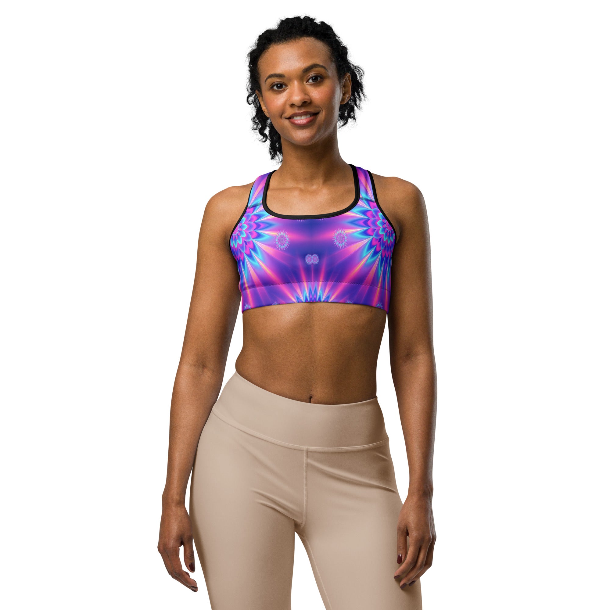 Women's psychedelic vaporwave dream sports bra front view
