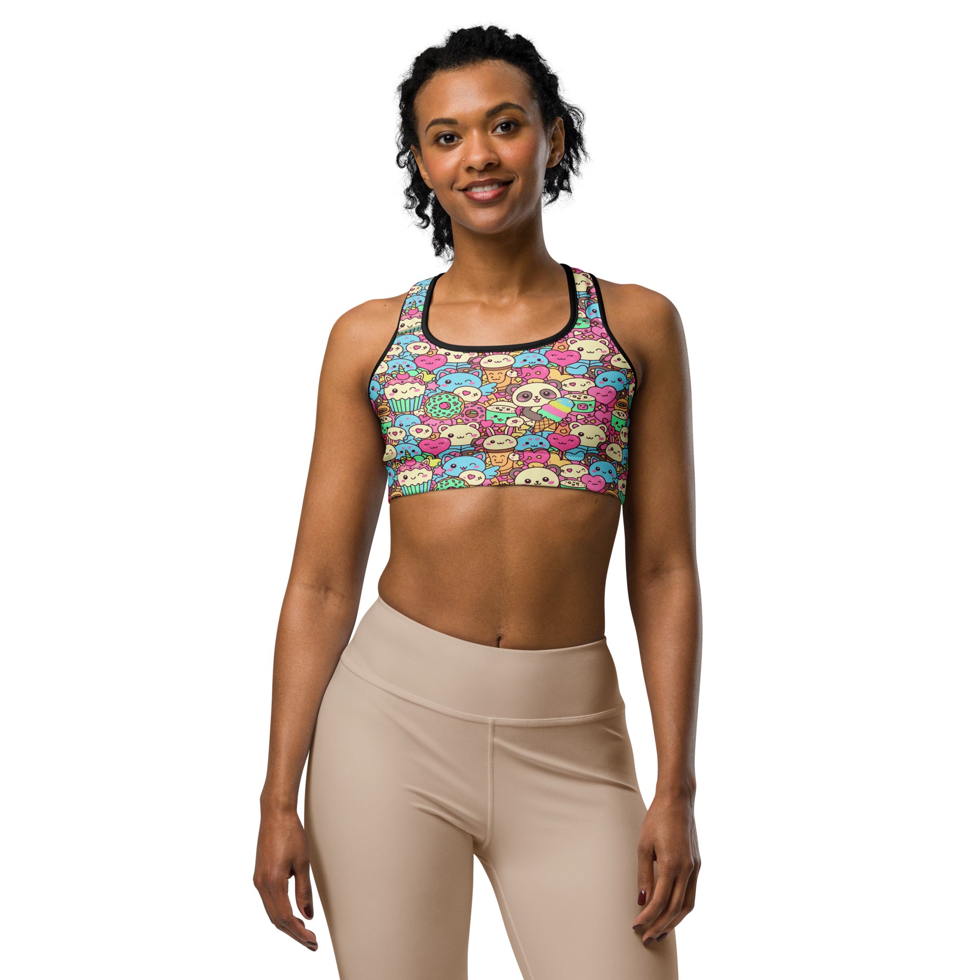 Women's kawaii sweet treats printed sports bra front view