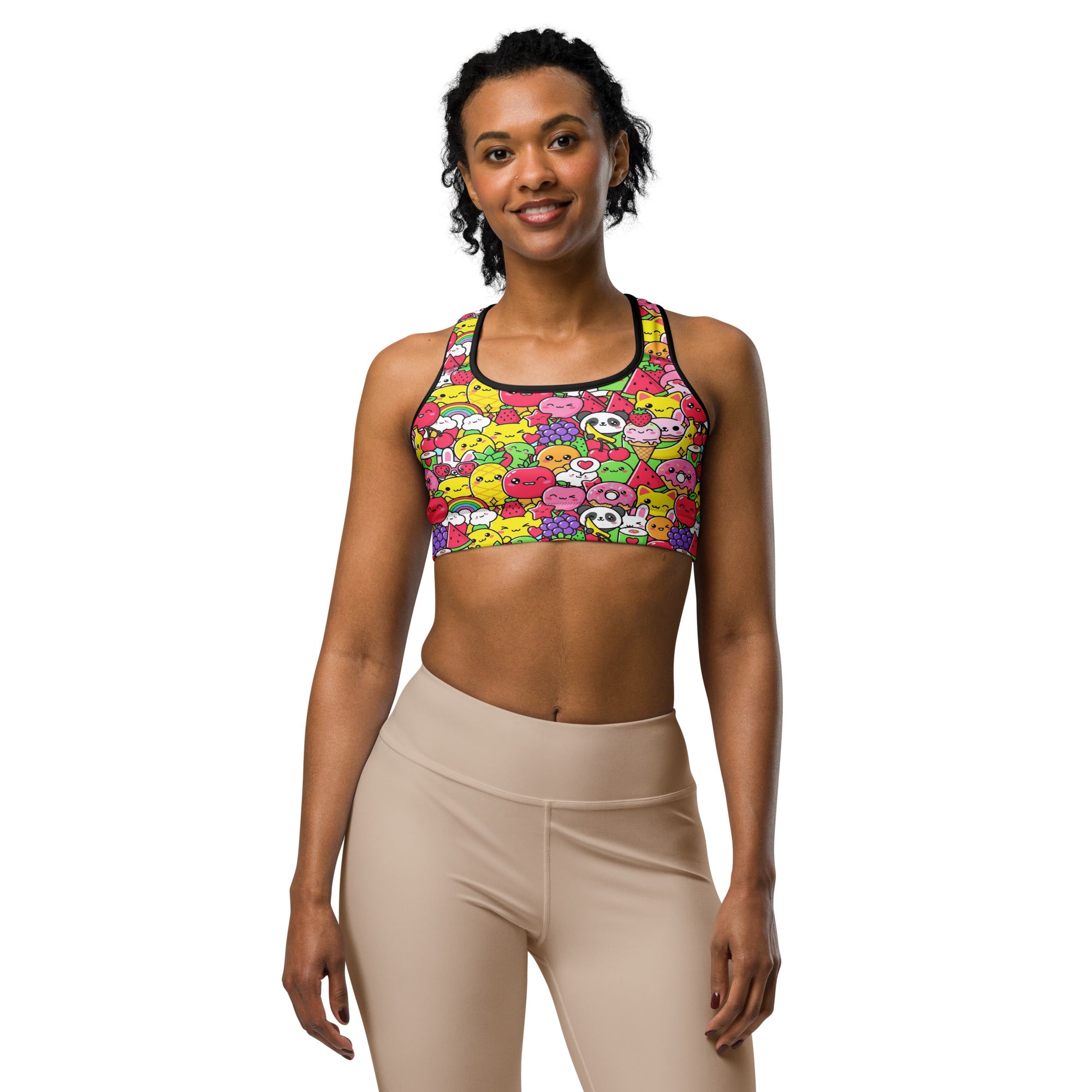 Women's kawaii fruit salad sports bra front view