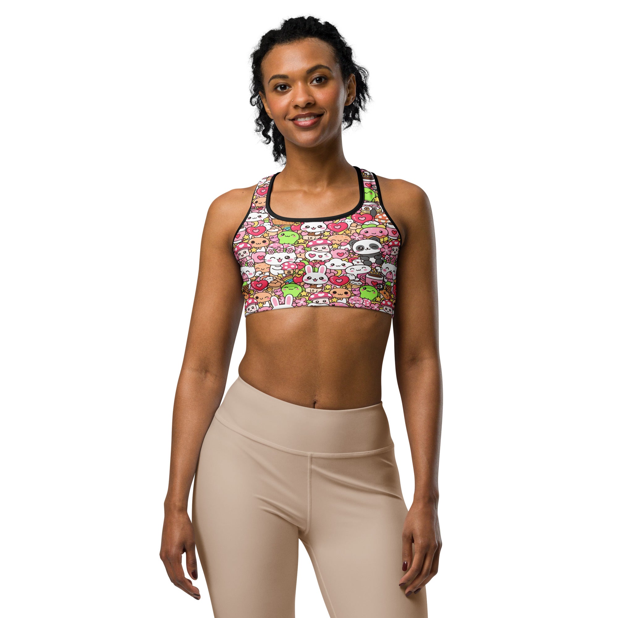 Women's kawaii sakura picnic sports bra front view
