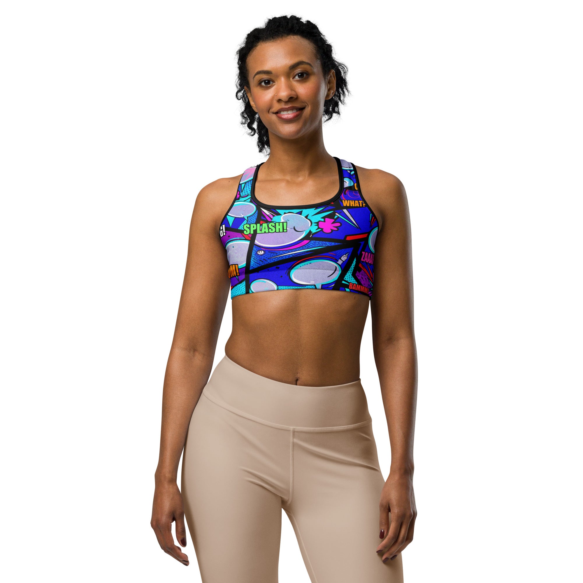 Women's comic strip space battle sports bra front view